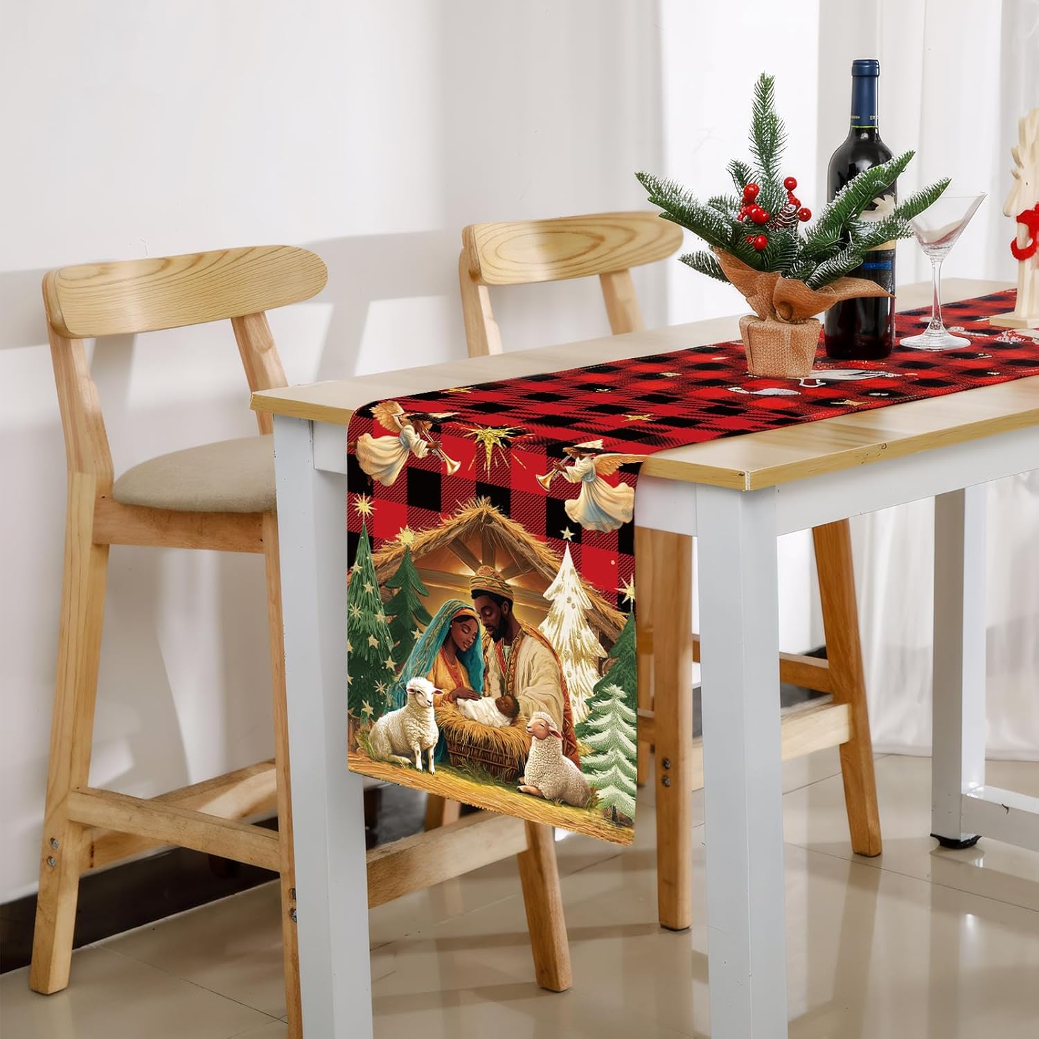 African American Religious Christmas Table Runner Buffalo Plaid Black Jesus Nativity Scene Table Runner For Home Decoration Xmas Winter Holiday Kitchen Decor (13" X 72")