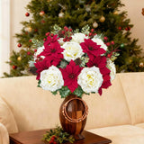 2Pcs Christmas Flowers Poinsettia Flowers Artificial 17Inch Poinsettias Faux Flower Bouquet With White Roses Berries For Christmas Table Decorations Xmas Tree Winter Mantel Decor