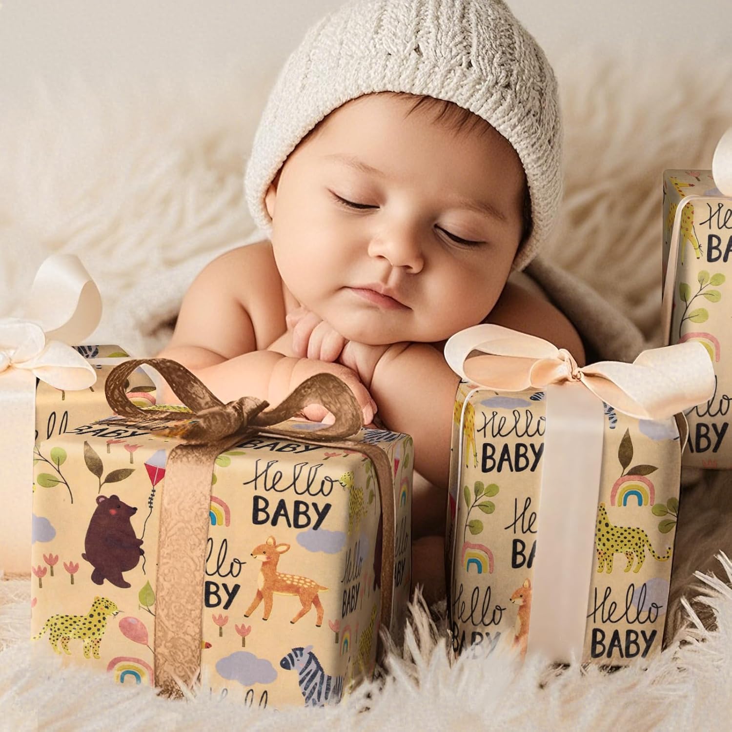 Baby Shower Wrapping Paper Roll - 17 Inches X 16.4 Feet - Cute Animal Design On Kraft Paper - Ideal For Baby Boy Or Neutral Gift Wrapping, Kids' Birthday Party And Baby Shower
