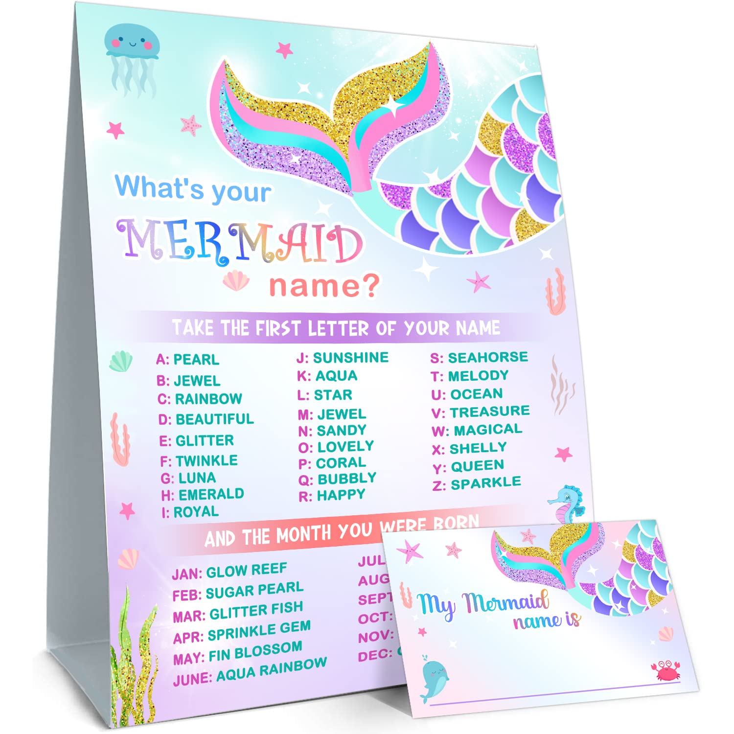 What Is Your Mermaid Name Game - Sign & 30 Cards, Mermaid Birthday Party Sign For Girls, Wedding, Anniversary, Holiday Activity