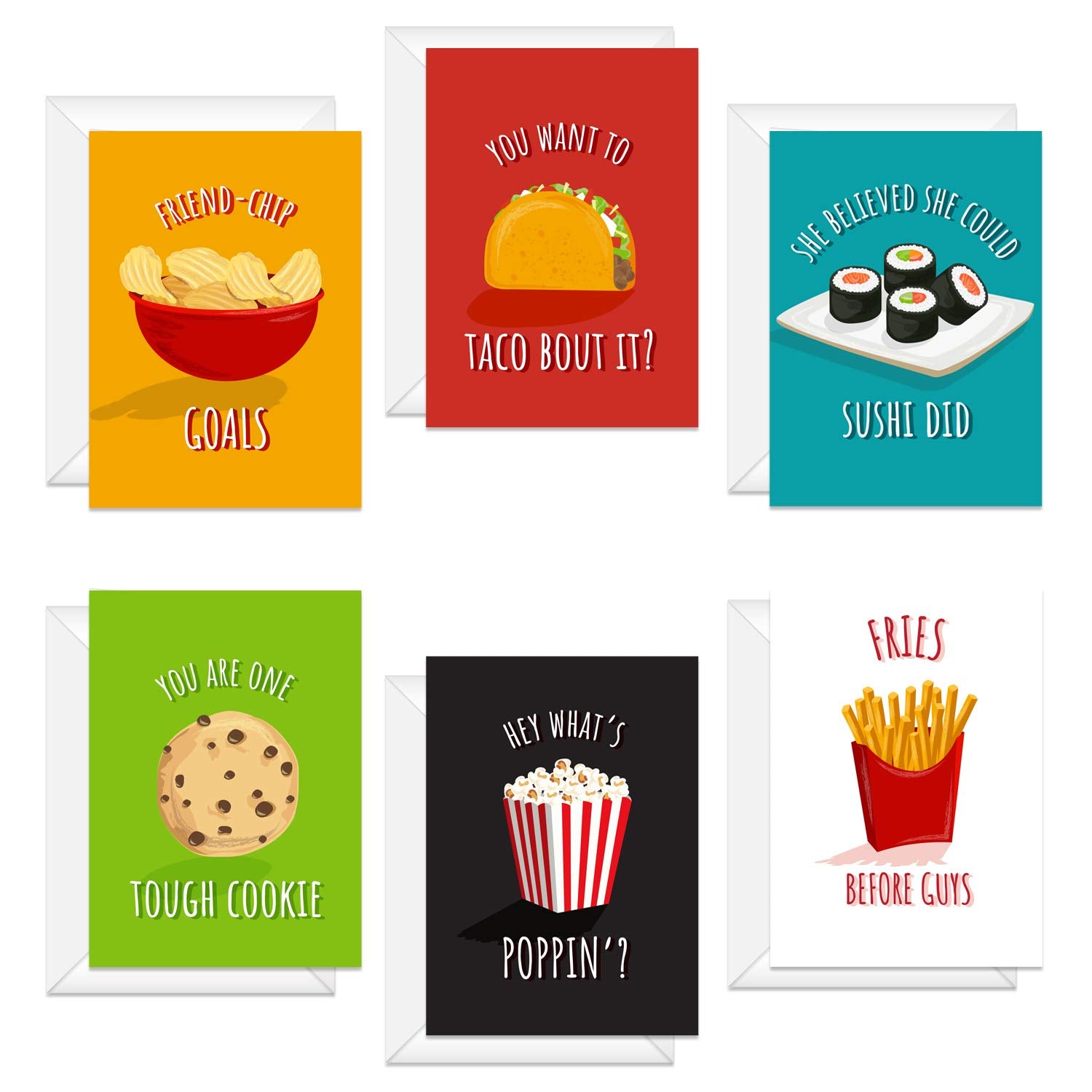 Bestie Food Note Cards / 4 5/8" X 6 1/4" Friendship Food Pun Cards / 12 Illustrated Thinking Of You Greeting Cards/Made In The Usa