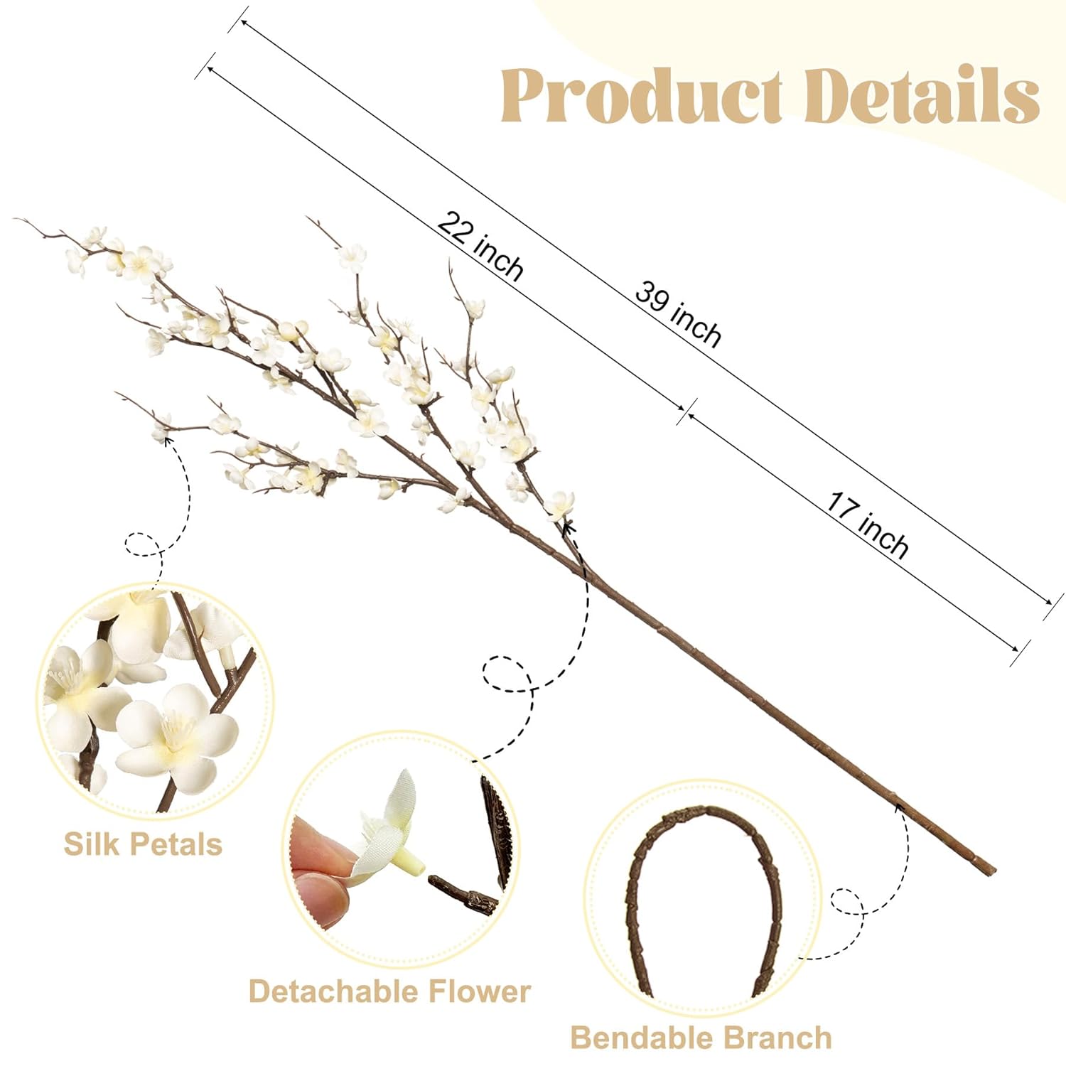 4Pcs Cherry Blossom Branches Artificial Flowers For Spring Summer Indoor Decoration,Faux Long Stem Artificial Flowers For Wedding Home Office Bedroom Party Table Centerpieces Decor(White)