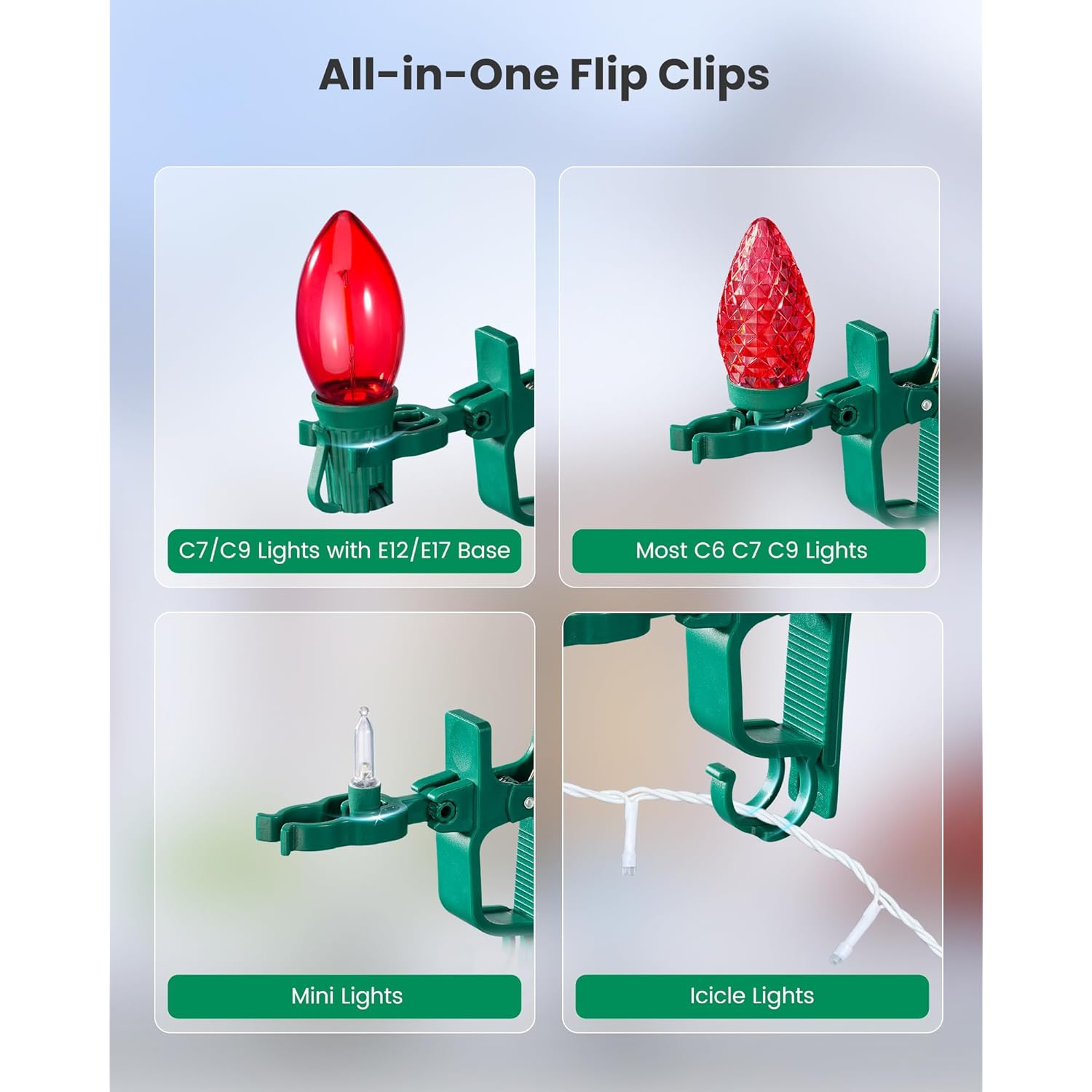 Gutter Light Clips, 100-Count C7 C9 Christmas Clips Outdoor, All-In-One Holiday Hooks For Shingle, Roof, Fence, Tree String Decoration, Weatherproof, Green