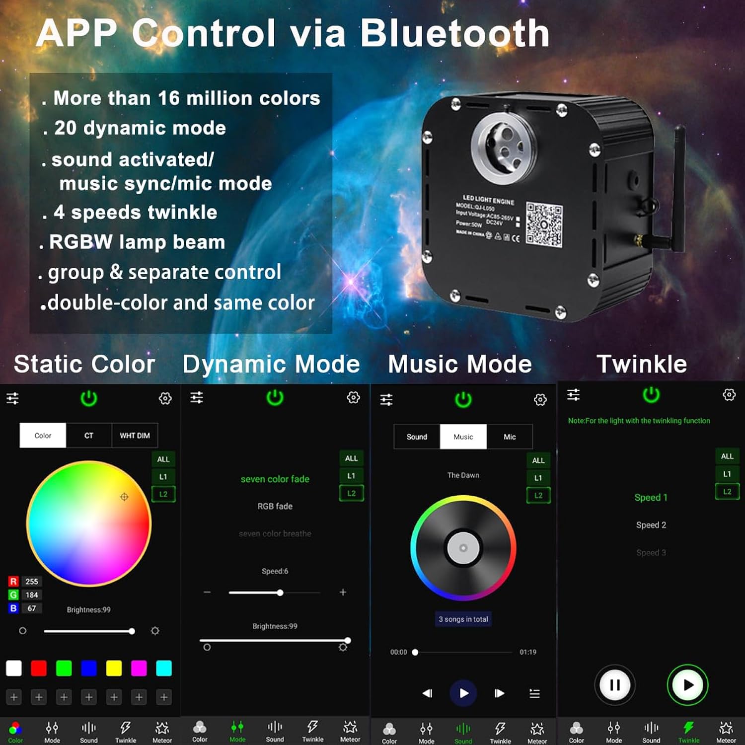 High Brightness 50W Twinkle Fiber Optic Starlight Kits 1200Pcs*0.03In*16.4Ft End Glow Fiber Strands Sound Activated Bluetooth/App Remote Control Home Shop Lobby Theater Ceiling Roof Decor