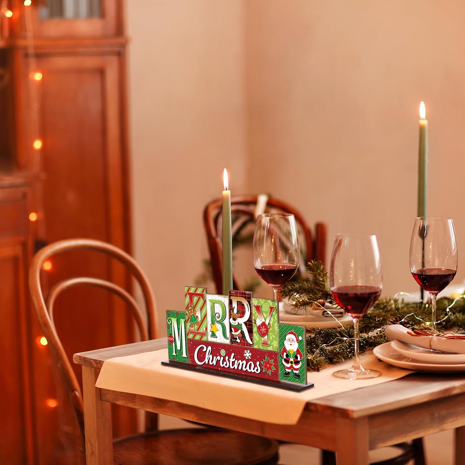 Christmas Table Decoration Merry Winter Tiered Tray Decor Reversible Centerpiece Decorative Santa Claus Gingerbread Man Block Signs Farmhouse Christmas Decoration For Kitchen Shelf