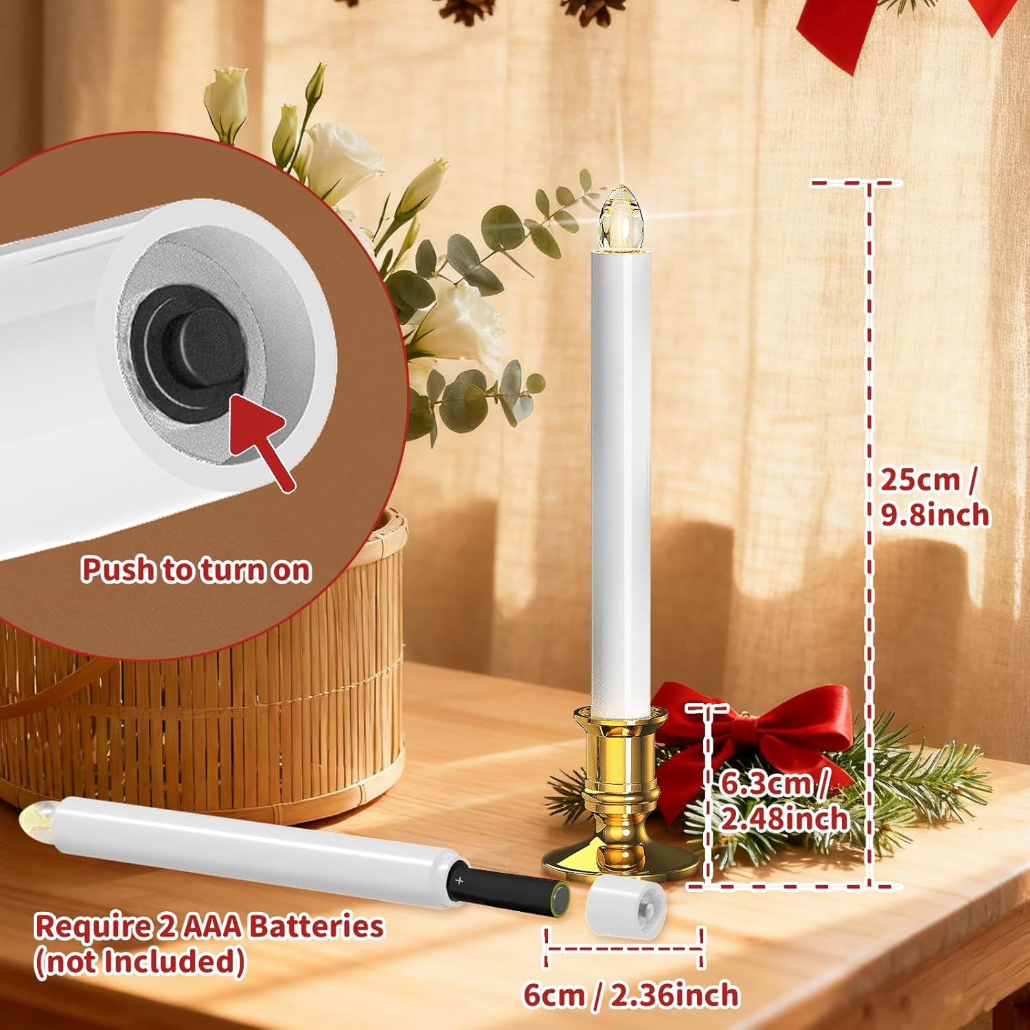 Christmas Window Candles, 6Pcs Christmas Flameless Taper Candles Battery Operated With Remote & Timer, Candlestick, Suction Cups For Christma/Home/Wedding