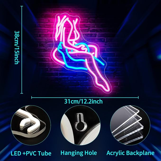 Lady Neon Sign Pink Blue LED Wall Light USB Powered for Bedroom Bar Office Room Decor