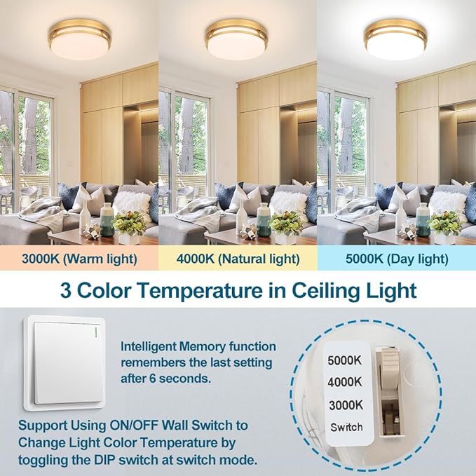 2 Pack 13 Inch Gold LED Ceiling Lights 20W Dimmable Flush Mount Fixtures