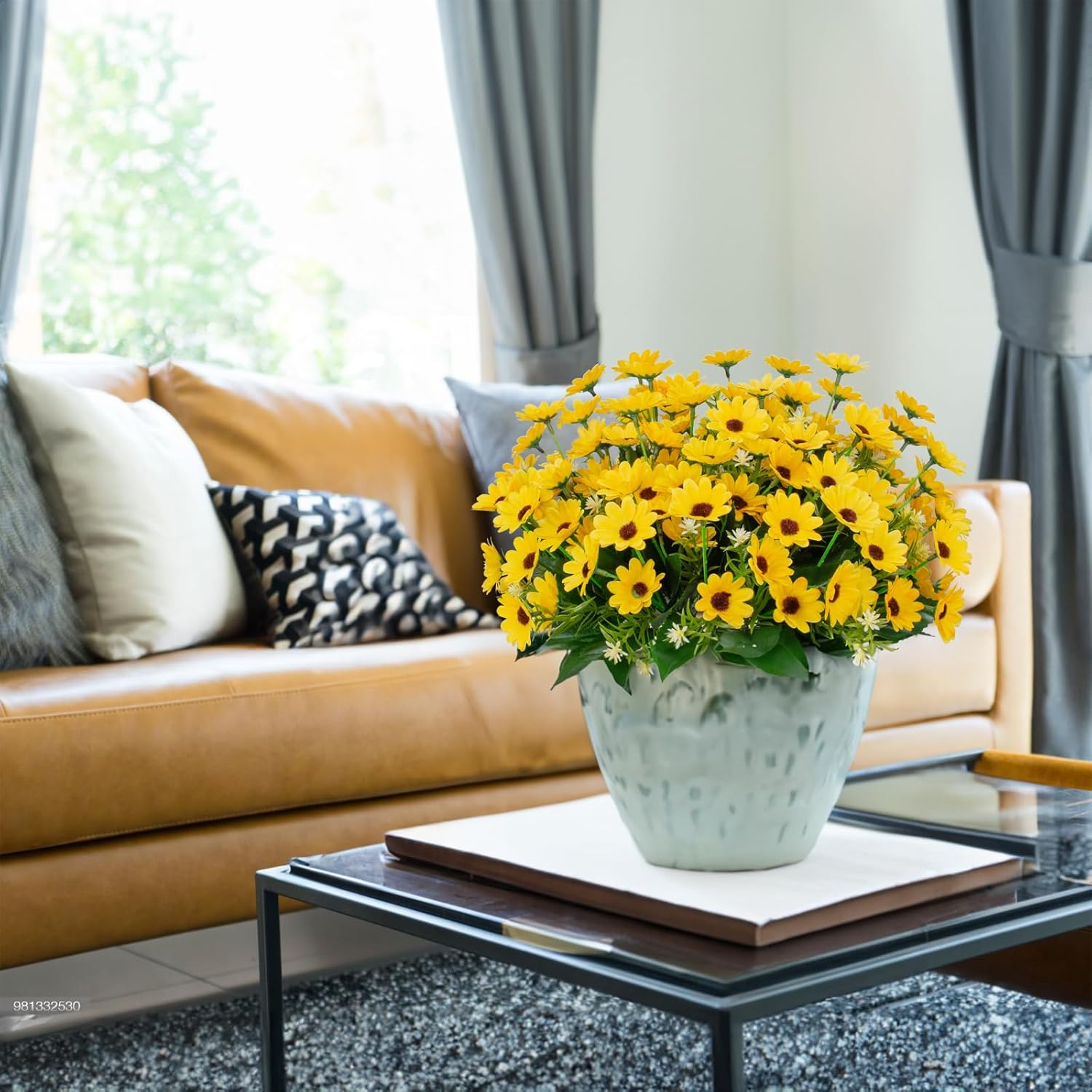 8 Bundles Sunflowers Artificial Flowers Fake Mums Flowers Outdoor Uv Resistant No Fade Fall Plants Faux Silk Daisy Indoor Home Wedding Garden Office Diy Décor(Yellow)