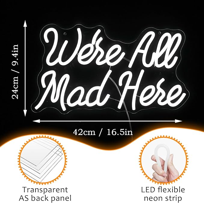 We Are All Mad Here Neon Sign White LED USB Dimmable Wall Light for Bedroom Bar Decor