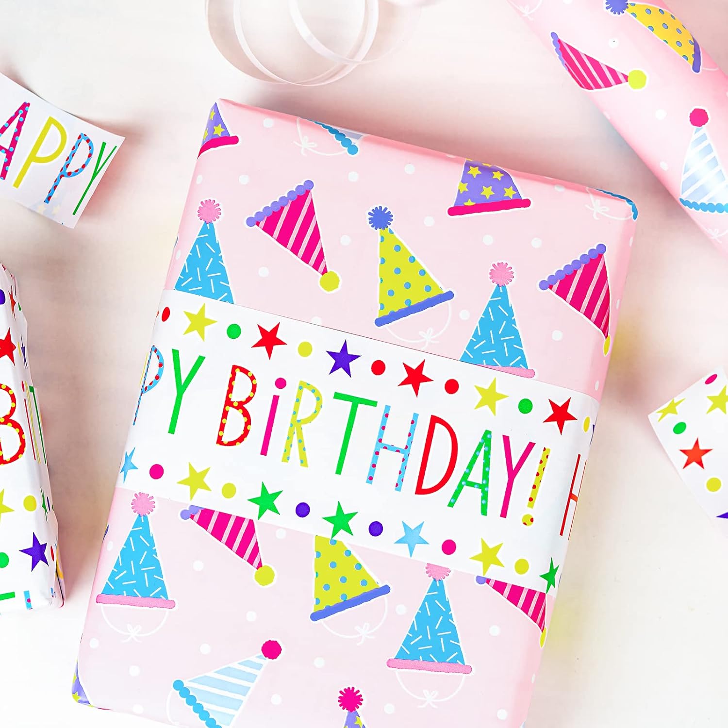 Reversible Birthday Wrapping Paper - Mini Roll - 17 Inch X 9.8 Feet - Pink Happy Birthday Wrapping Paper For Girls, Kids, Baby Shower