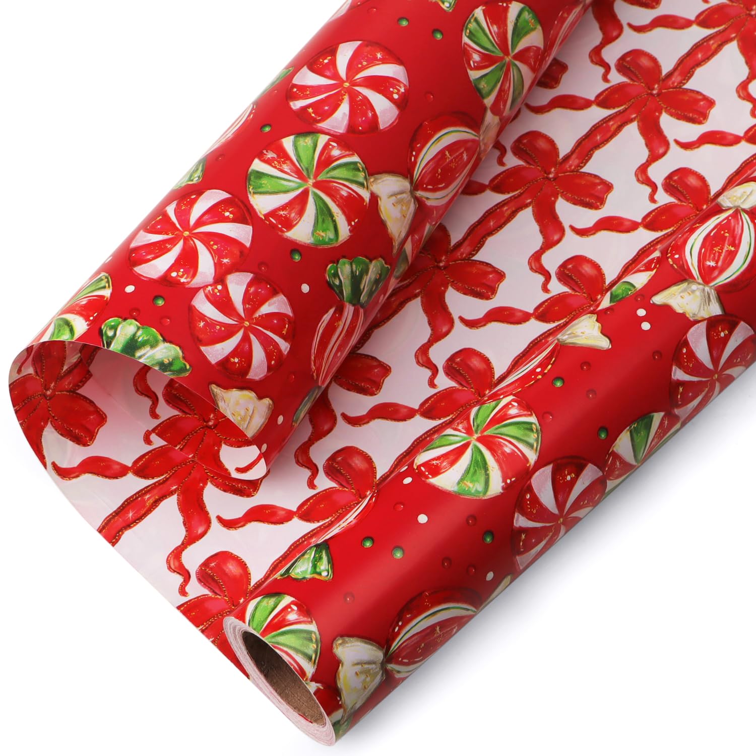 Christmas Wrapping Paper Mini Roll Reversible Red Christmas Candy And Bow Gift Wrapping Paper Rolls Holiday Presents Decoration-17 Inch X 33 Feet
