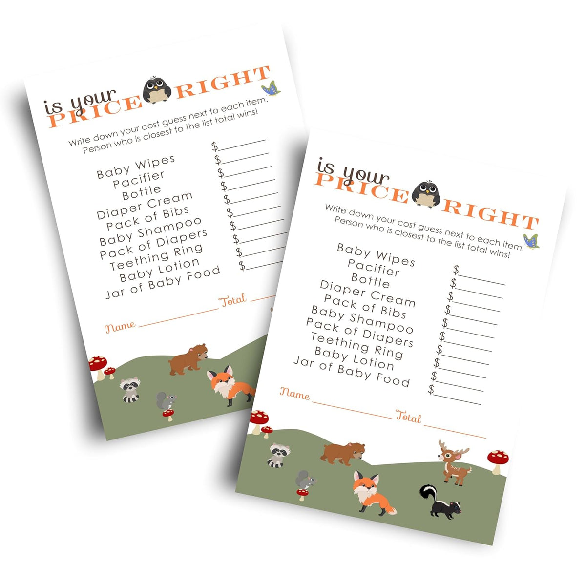 Woodland Guess The Price Baby Shower Games - 25 Cards - Rustic Boho Themed Ideas - Gender Neutral Baby Shower Activities Boys Or Girls - 4X6 Set