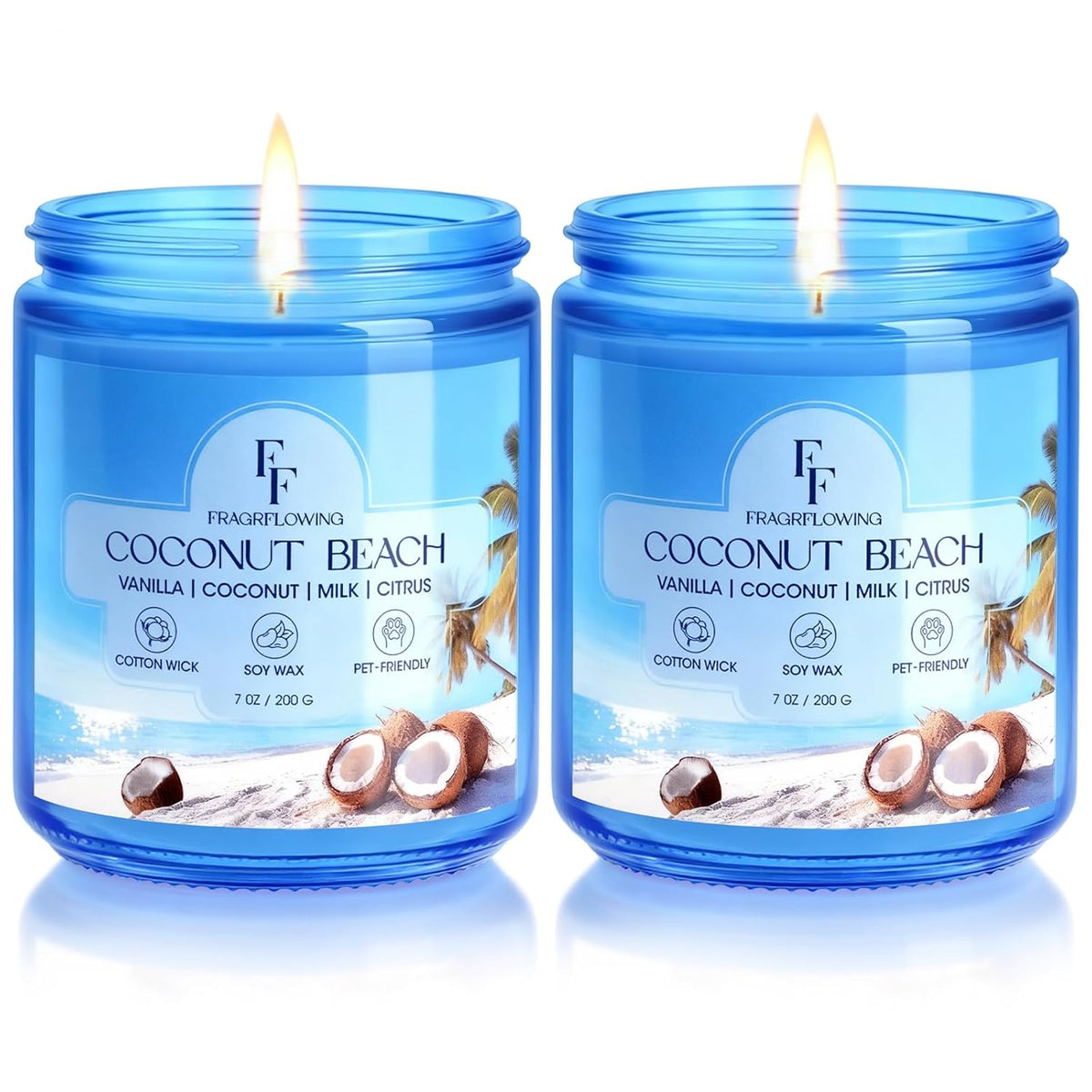 Coconut Beach Scented Candle, Natural Soy Wax Jar Candle For Home Scented, 100-Hour Burn Time Gifts For Women Men, 7 Oz (2 Pack)