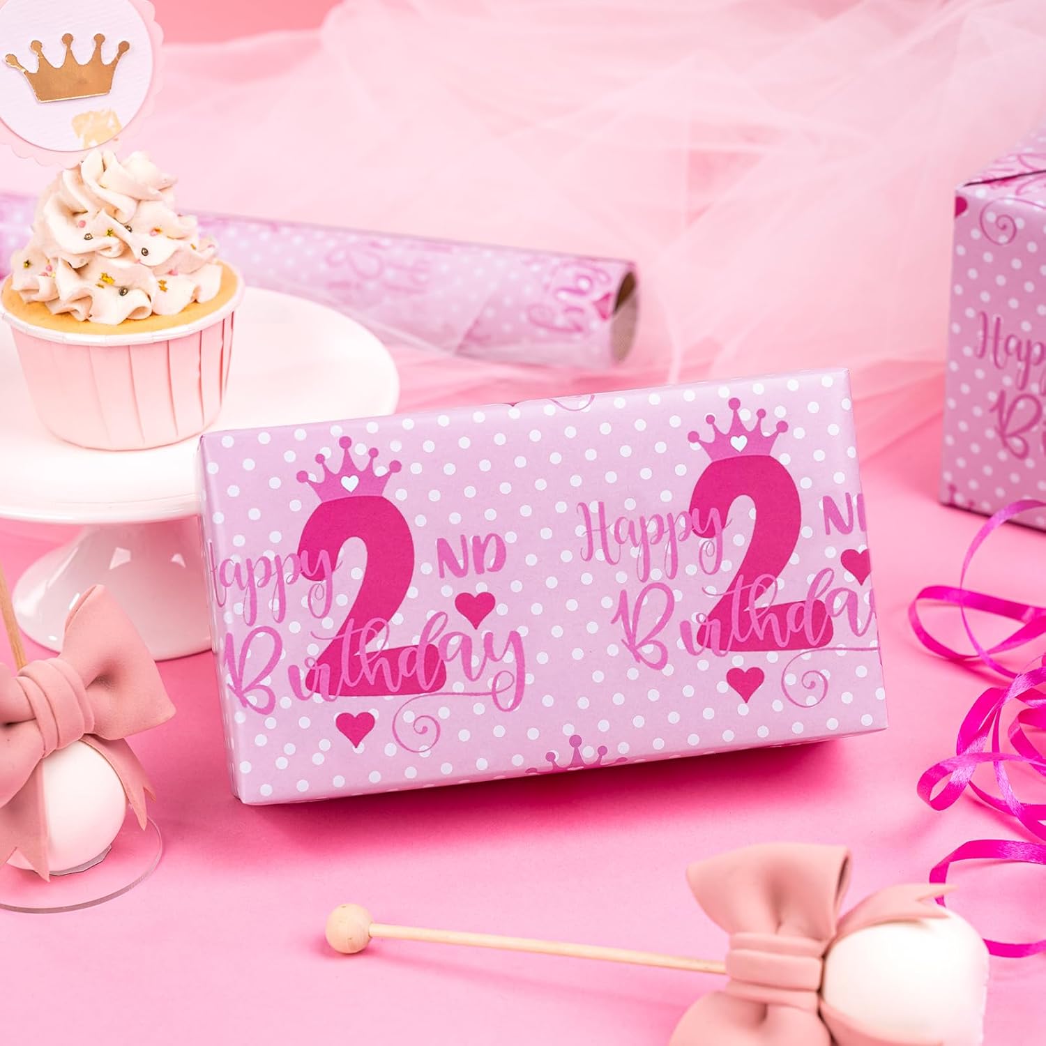 2Nd Birthday Wrapping Paper For Girl, Mini Roll, Crown And Happy 2Nd Birthday Dots Design, 2 Years Old, 17 Inches X 16.4 Feet, Perfect For Girls' Birthday Party Gifts