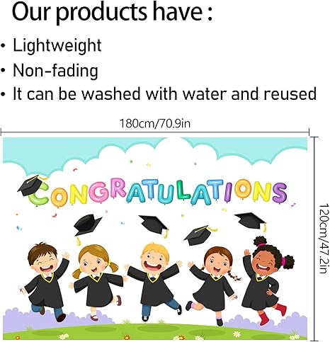 6x4 Ft "Congratulations" Backdrop Banner White Kindergarten/Grade Grad Decor