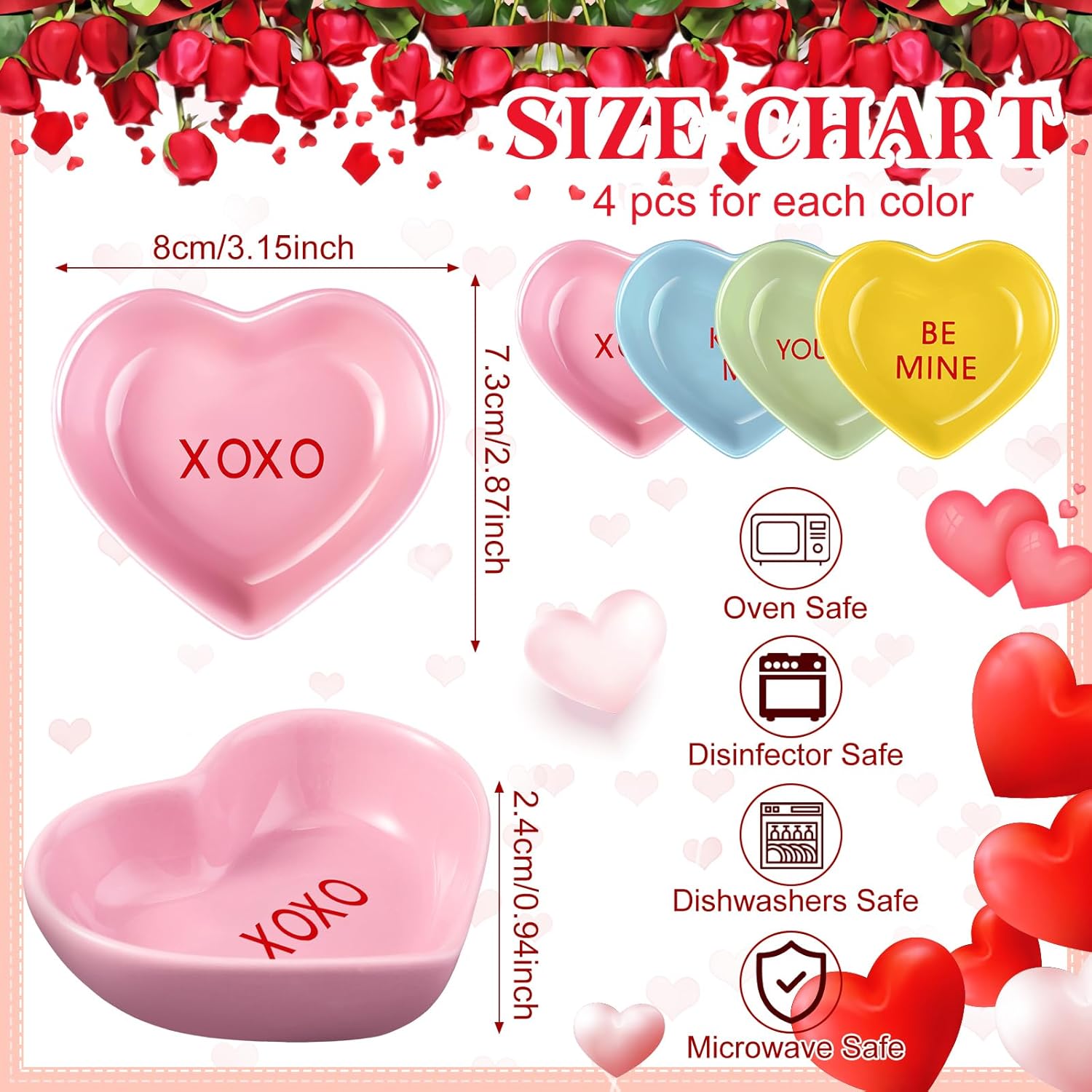 12 Pcs Valentine'S Day Heart Shaped Side Dish Bowl Ceramic Seasoning Dishes Soy Dipping Sauce Dishes Bowl For Valentine'S Day Party Wedding Party (Colorful,Be Mine, Kiss Me, Xoxo, You&Me)