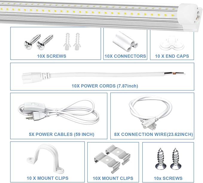 10 Pack 5FT LED Shop Lights 45W 6750LM 6500K Daylight Linkable Garage Workshop Lighting