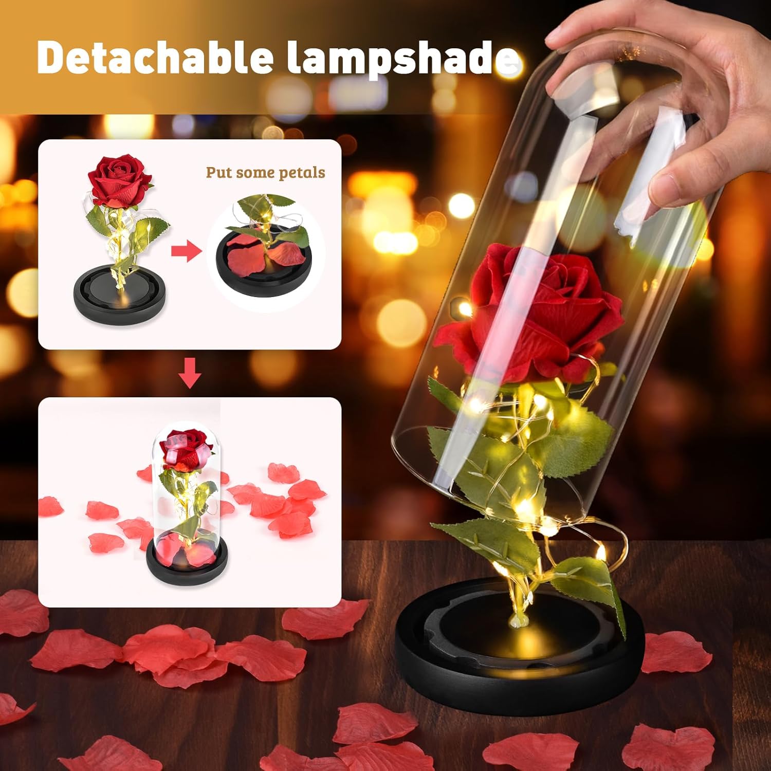 Artificial Flower Rose, Rose Flower Lamp In Glass Dome With Led Light Light Up Eternal Rose Flowers Gift For Women Mom Wife Lover Daughter Wedding, Birthday Anniversary (Black)