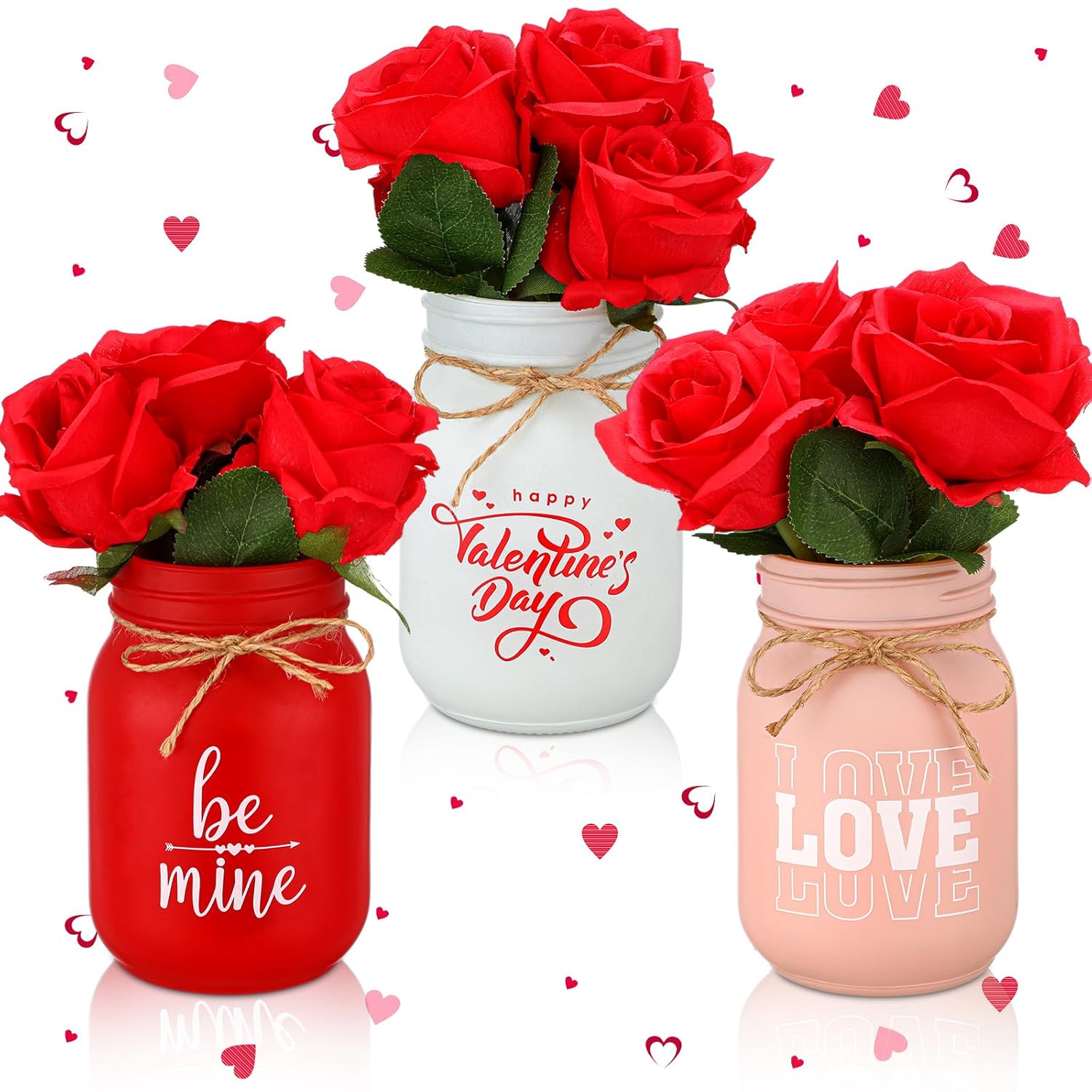 3 Set Valentines Centerpieces For Tables Valentines Day Table Decor Including 3 Pcs Decorative Mason Jars And 3 Pcs Bundle Red Roses For Home Office Bathroom Decor