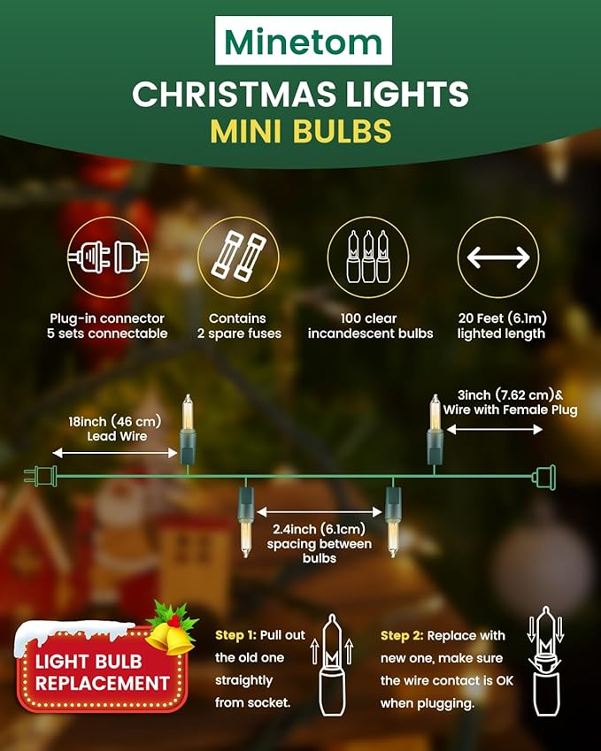 100 Count Clear Christmas String Lights 20FT Green Wire Mini Incandescent Bulb Lights for Indoor Outdoor Christmas Tree Garland Wedding Party Festival Decor