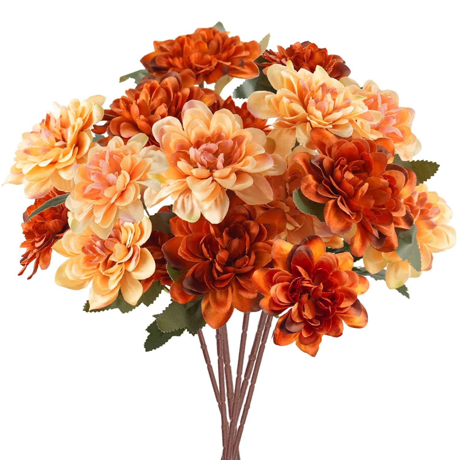 6Pcs Artificial Fall Flowers, 18 Heads Silk Fake Mums Flowers Faux Chrysanthemum Orange Flowers For Home Fireplace Table Centerpieces Flower Arrangement Fall Decor (Rust+Champagne)