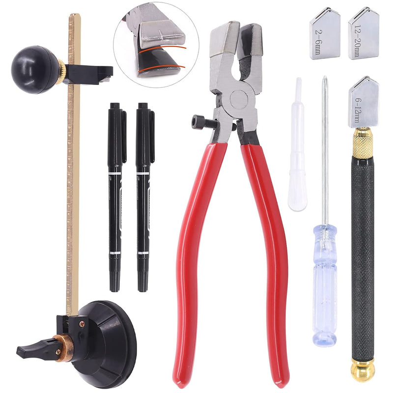 11Pcs Glass Cutter Tool Kit, Curve Jaw Glass Running Pliers With Rubber Tips,