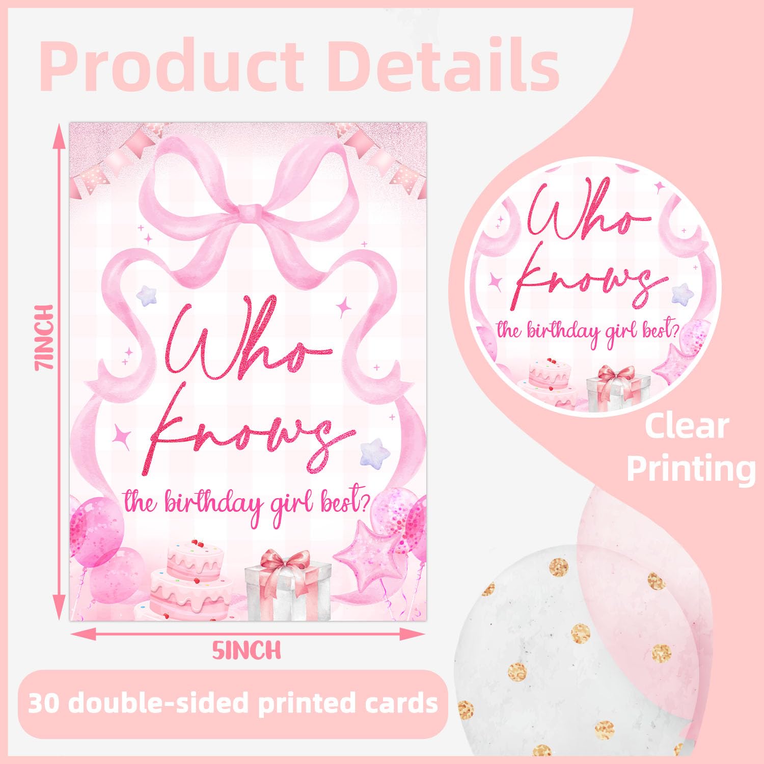 30 Pcs Pink Who Knows The Birthday Best Game Cards, Birthday Party Game, Bow Themed Questionnaire Card, For Sleepover Slumber Birthday Party Supplies, 5 * 7 Inch