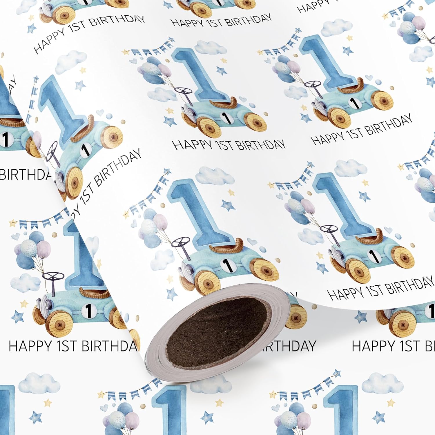 Racing Car 1St Birthday Wrapping Paper Roll - Mini Roll - 17 Inch X 16.5 Feet - Blue Happy 1St Birthday Race Car Wrapping Paper For Baby Boy, Kids Party, Baby Shower