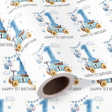 Racing Car 1St Birthday Wrapping Paper Roll - Mini Roll - 17 Inch X 16.5 Feet - Blue Happy 1St Birthday Race Car Wrapping Paper For Baby Boy, Kids Party, Baby Shower