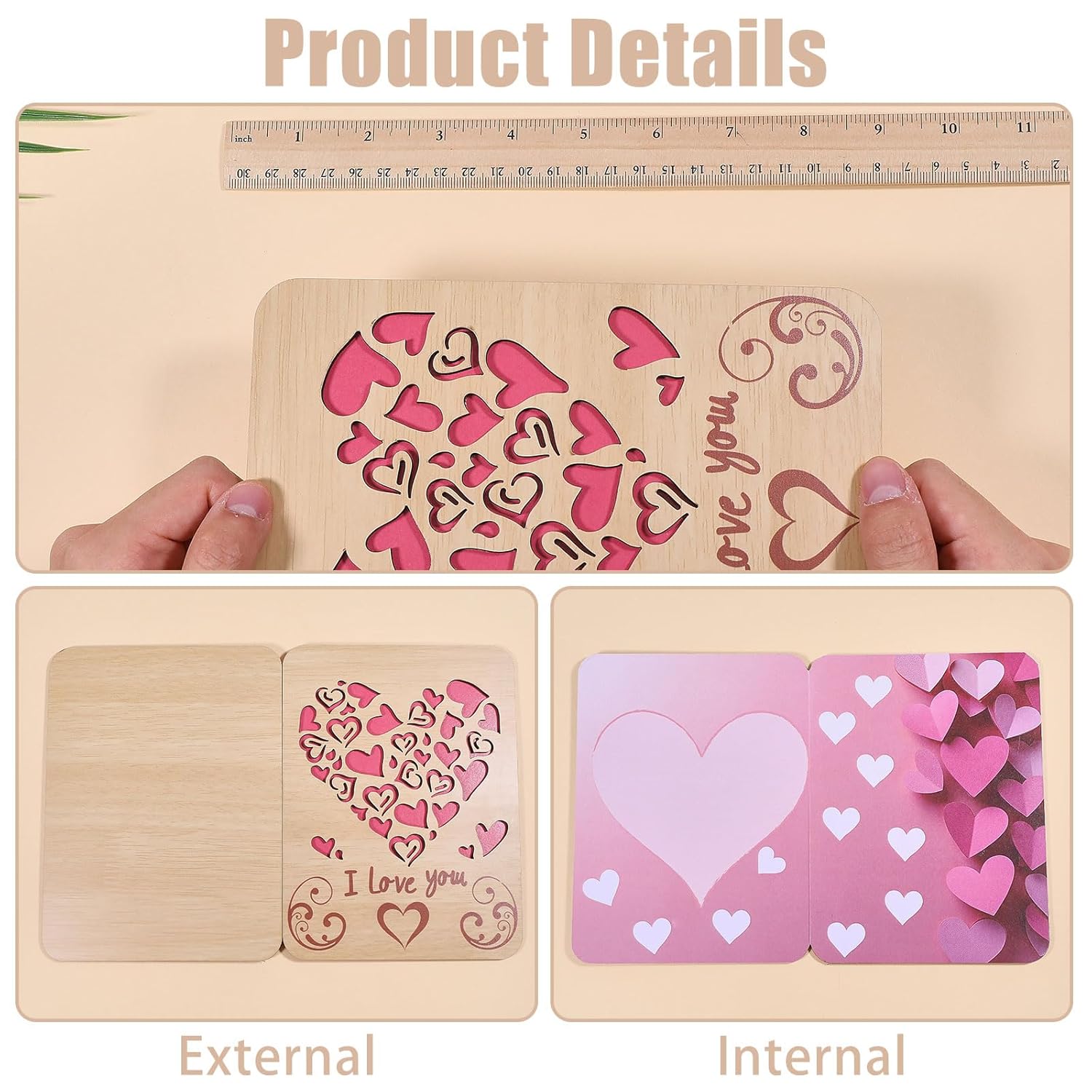 Large Wooden Anniversary Greeting Card With Envelope, Love Heart Wooden Greeting Cards For Valentine'S Day, Weddings, Birthday