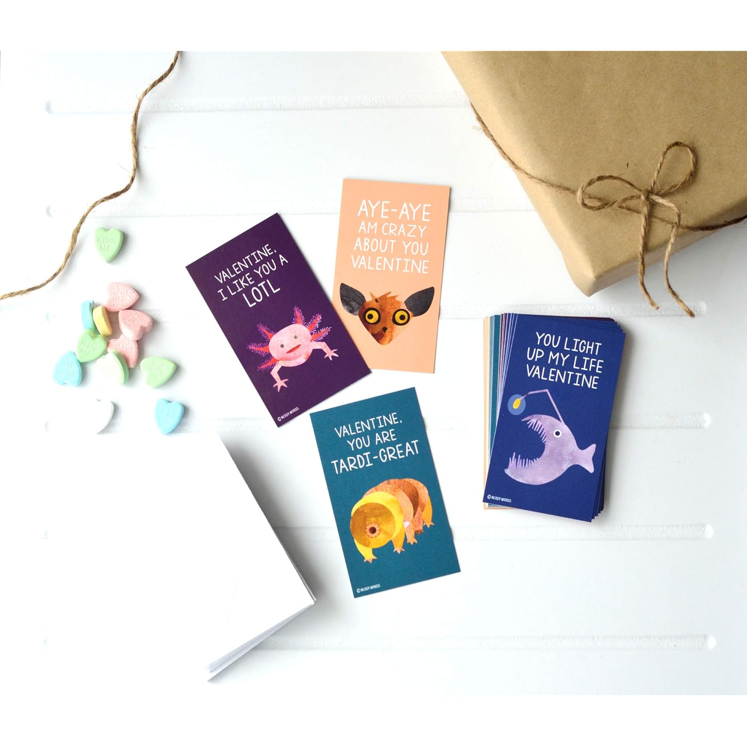 Mini Angler Fish Axolotl Tardigrade Aye Aye Strange Creature Valentines (Wallet-Sized Cards With Tiny Envelopes) For Valentine'S Day (Set Of 32)