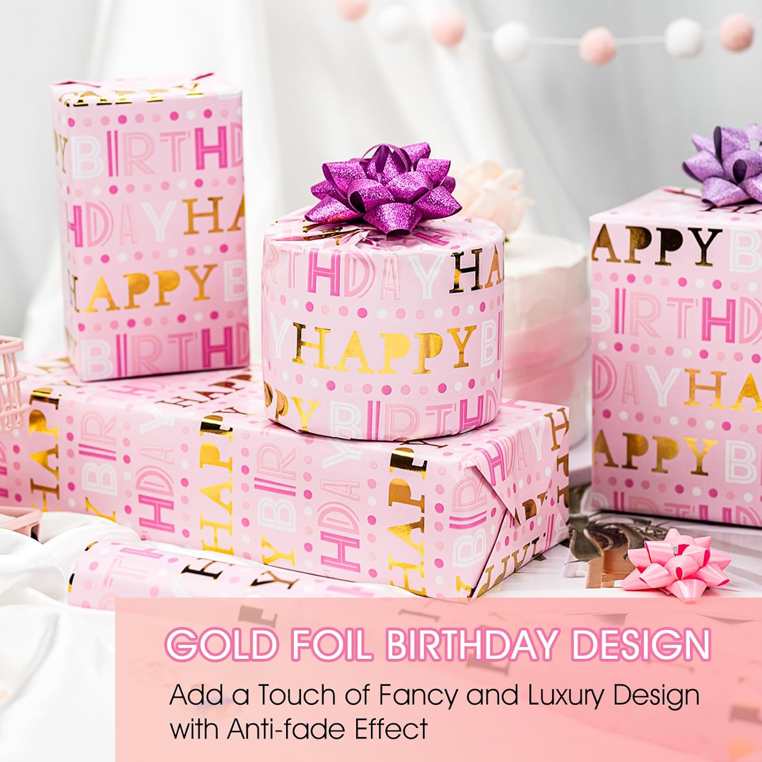 Girl Birthday Wrapping Paper Roll, Pink And Gold Wrapping Paper, Gold Foil Girly Happy Birthday Lettering Design Pink Gift Wrap For Girls Women, Baby Shower, Christmas(17 Inch X 33 Feet)