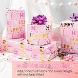 Girl Birthday Wrapping Paper, Pink And Gold Wrapping Paper, Gold Foil Girly Happy Birthday Lettering Design Pink Gift Wrap For Girls Women, Baby Shower, Party (Mini Roll, 17 Inch X 16.5 Feet)