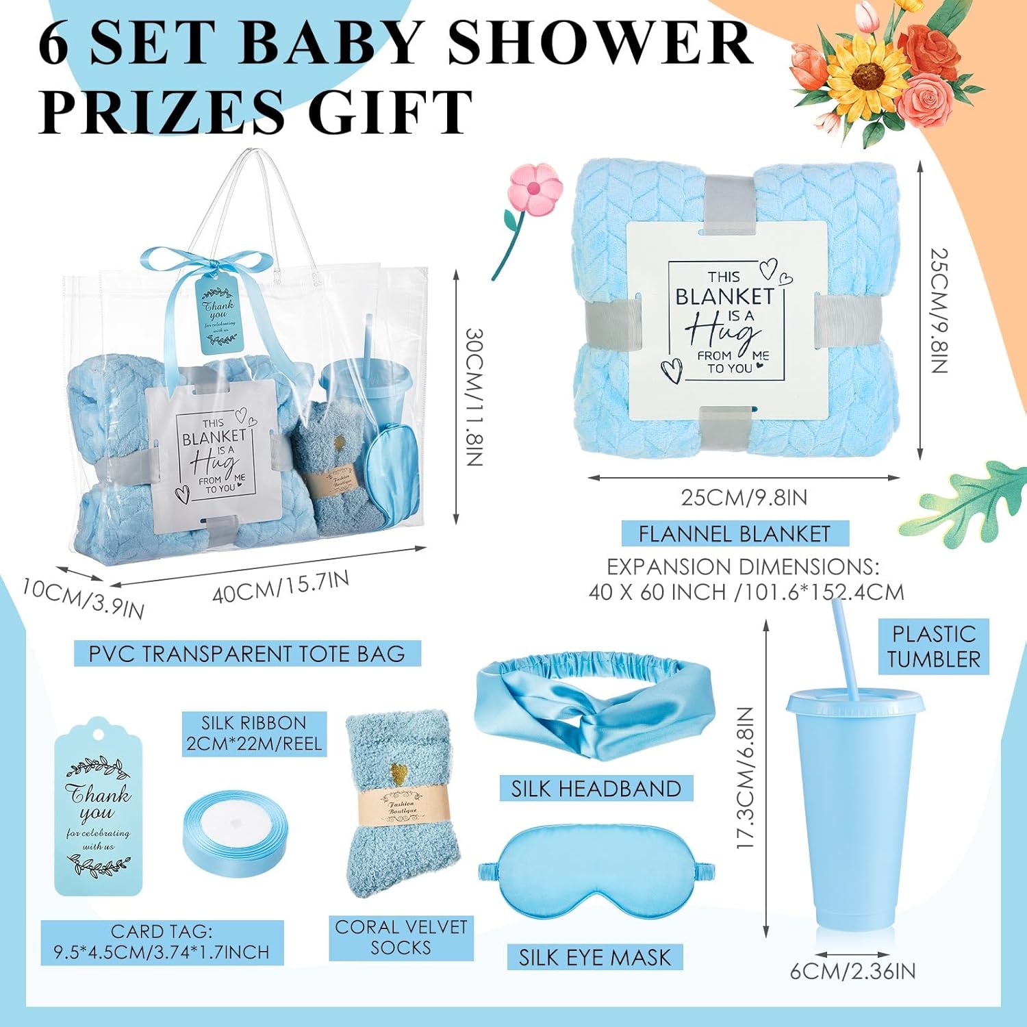 6 Set Baby Shower Prizes For Player Winners Adults Include Plastic Tumbler Blanket Eye Masks Silk Headband Bag Socks Tag Ribbon, Baby Shower Player Winners Bridal Game Gifts (Blue)