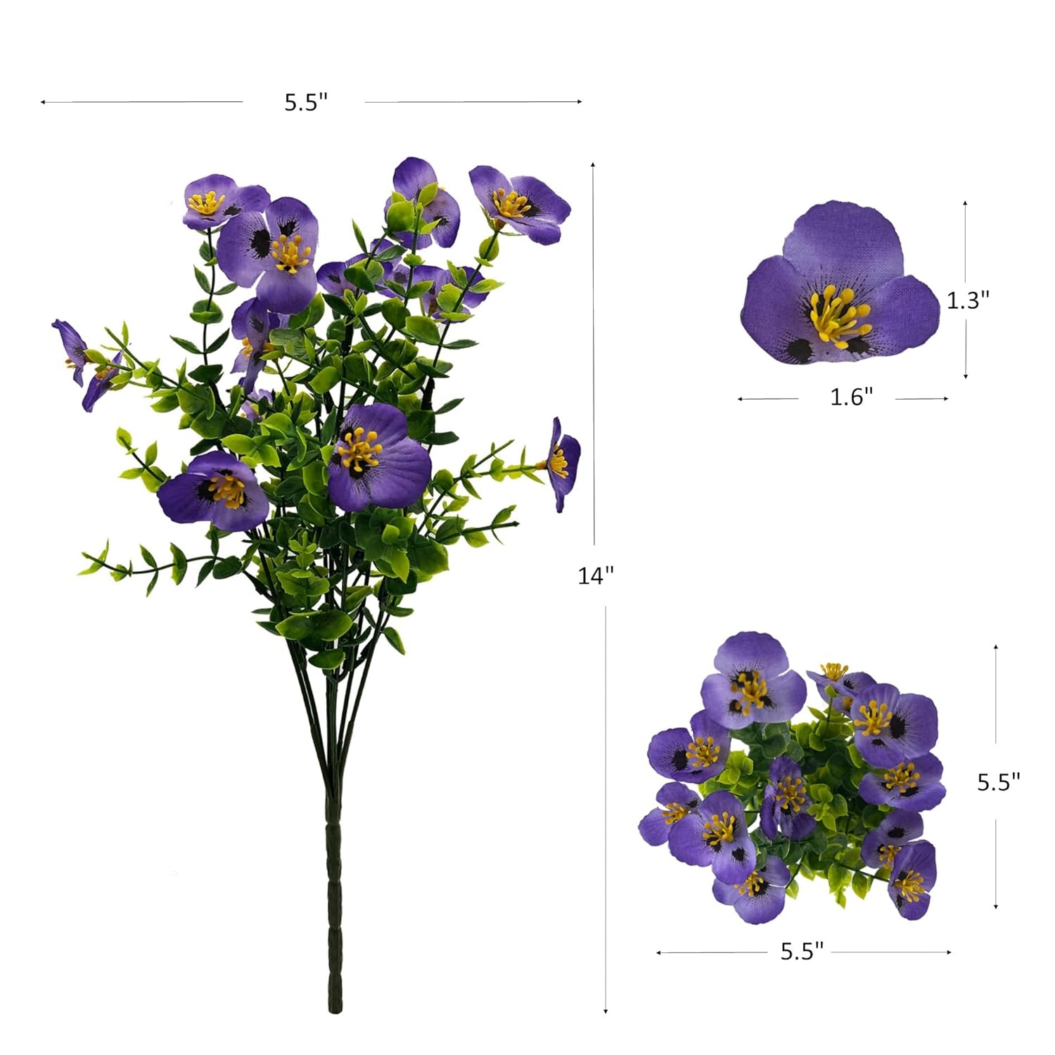 12 Bundles Artificial Pansy Flowers With Eucalyptus Leaves, No Fade Uv Resistant Silk Flower Plants For Indoor Outside Garden Front Door Porch Yard Patio Window Box Farmhouse(Purple, Yellow, White)