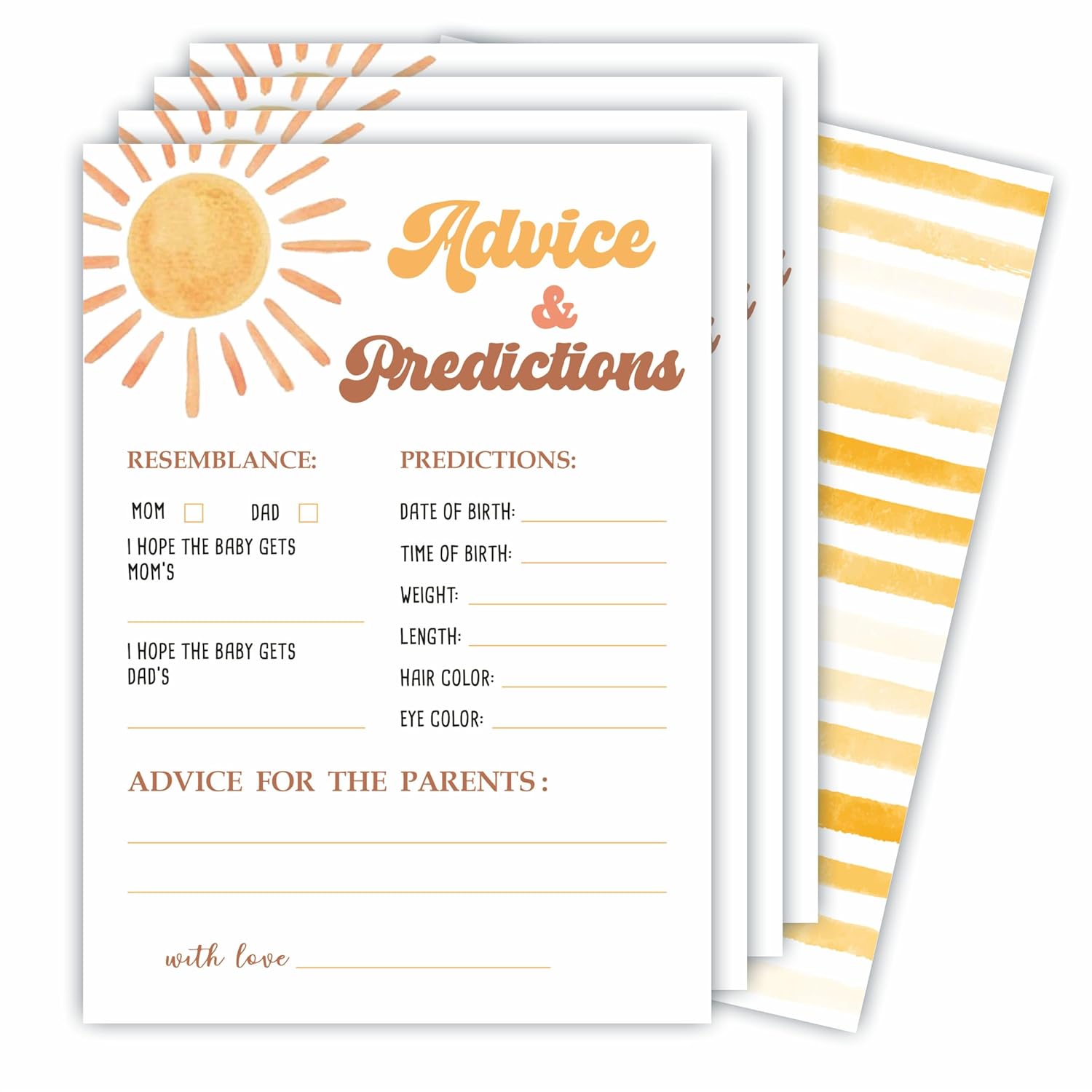 Prediction & Advice Game Set For Baby Shower - Watercolor Sunshine - 30 Double-Sided Fill In Style Game Cards For Gender Reveal, Baby Announcement, Party Favor & Supplies - B01