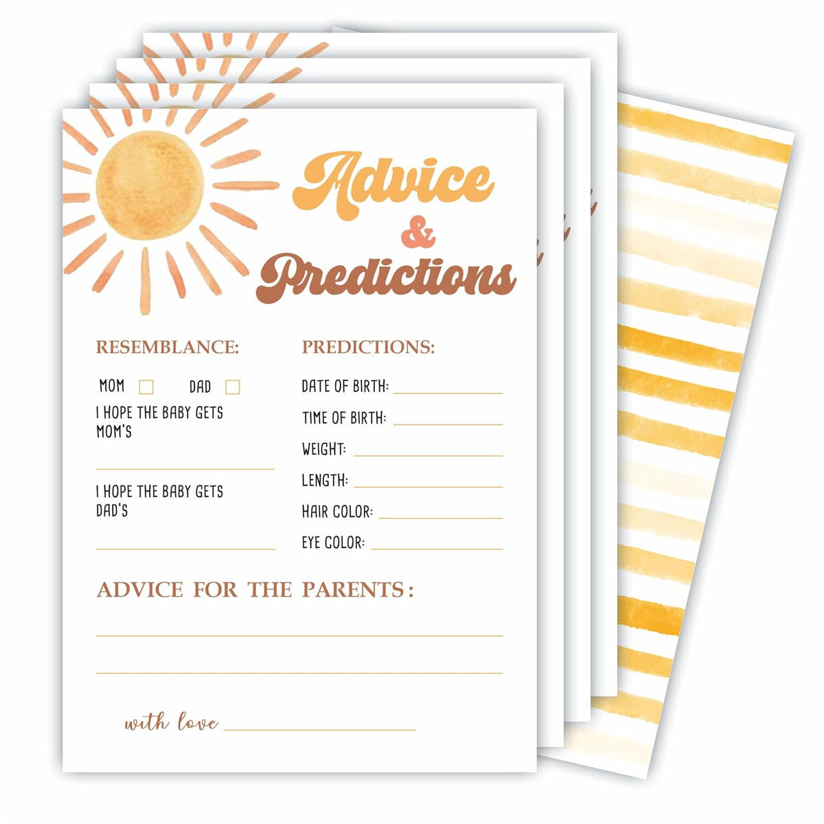 Prediction & Advice Game Set For Baby Shower - Watercolor Sunshine - 30 Double-Sided Fill In Style Game Cards For Gender Reveal, Baby Announcement, Party Favor & Supplies - B01
