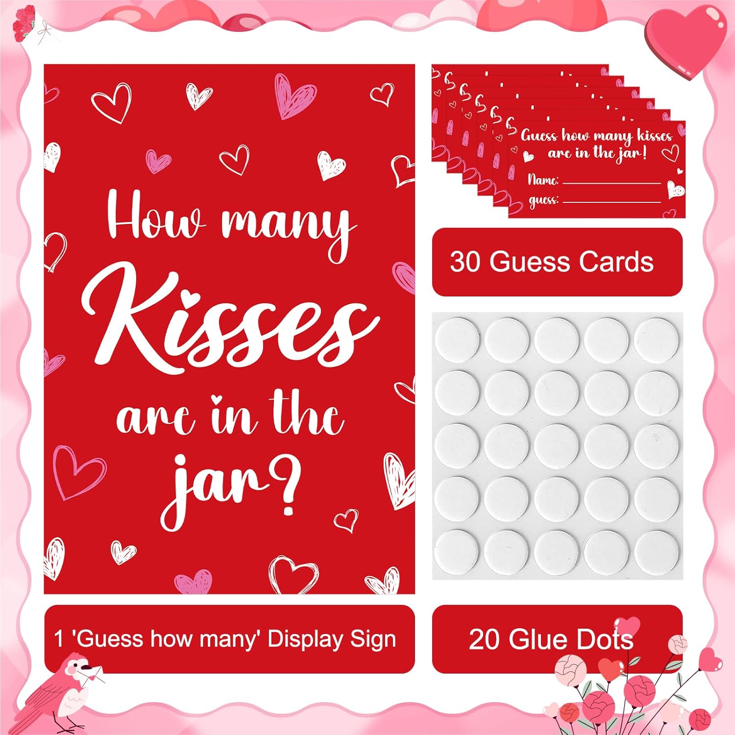 30 Players Valentines Game For Family Office Large Groups Party Adults, Valentine'S Day Guess How Many Kisses Are In The Jar Games Classroom Activities With Guess Cards (Kiss)