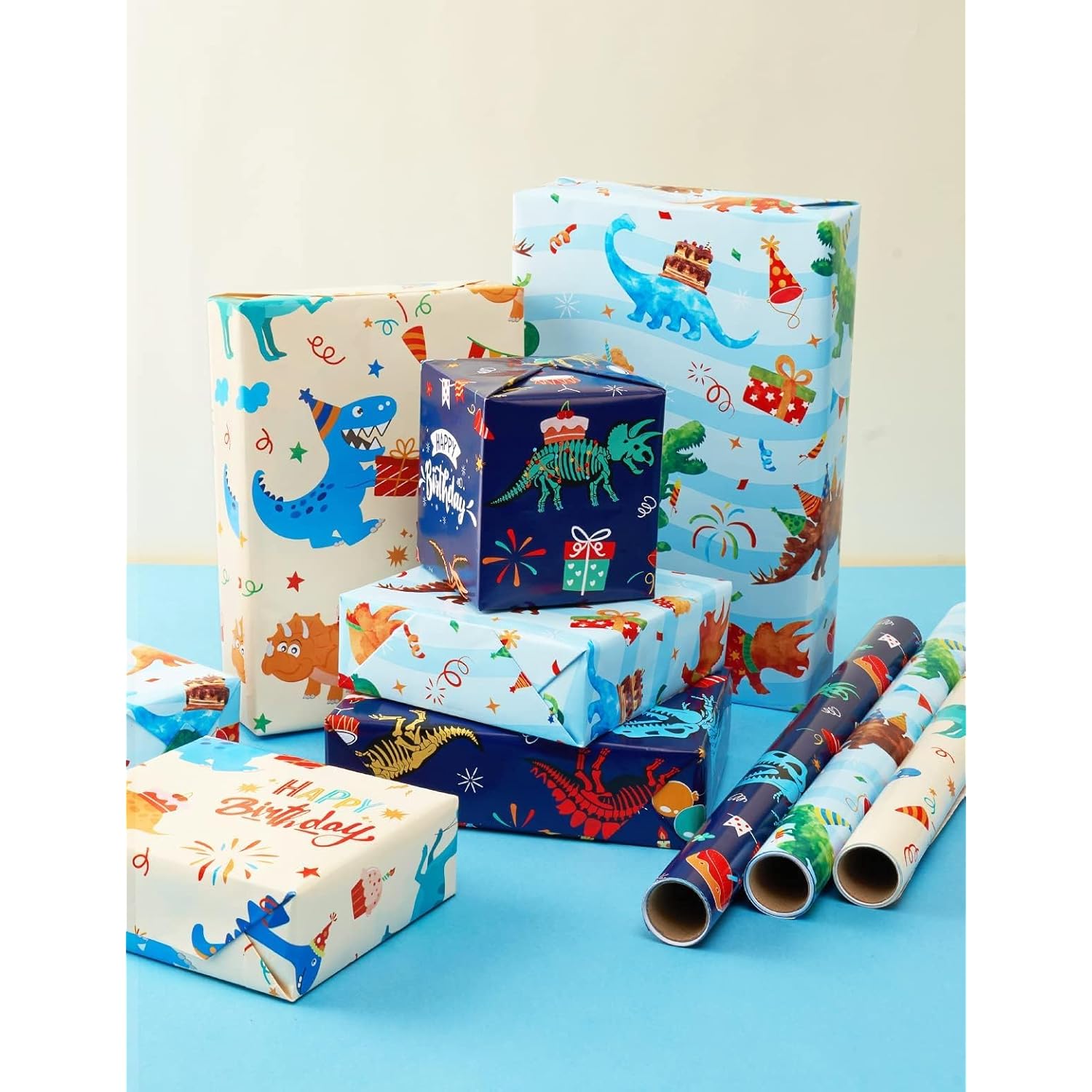 Dinosaur Wrapping Paper Rolls - 3 Rolls 17” X 120” Happy Birthday Wrapping Paper Kids Wrapping Paper Rolls Boy Dinosaur Gift Wrap Paper Dinosaur Party Favor Happy Bday Wrap With Cutting Line On Back
