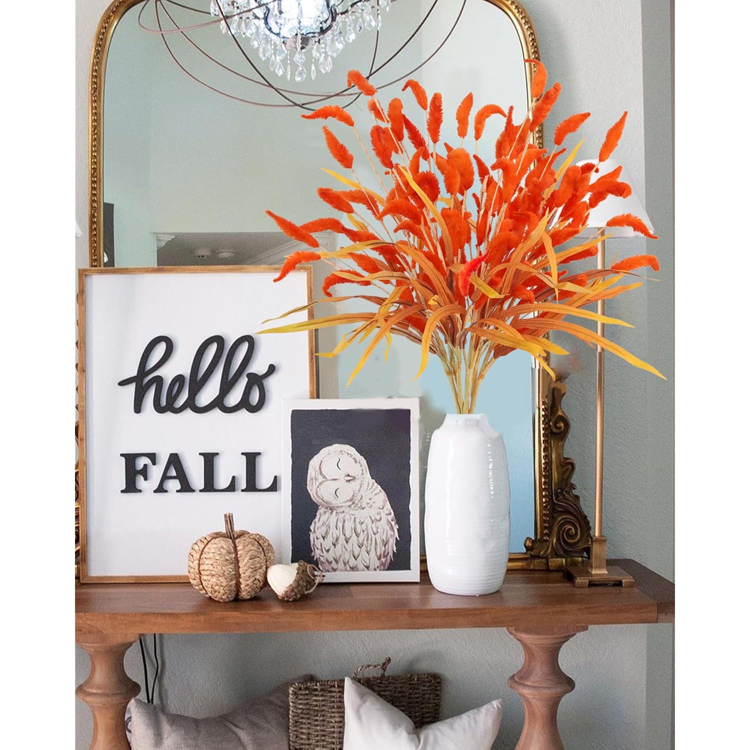 8Pcs Fake Fall Flowers Stems, 28Inch Artificial Orange Bunny Tail Flowers Faux Fall Floral Arrangements For Vase Home Wedding Centerpieces Fall Thanskgiving Decor