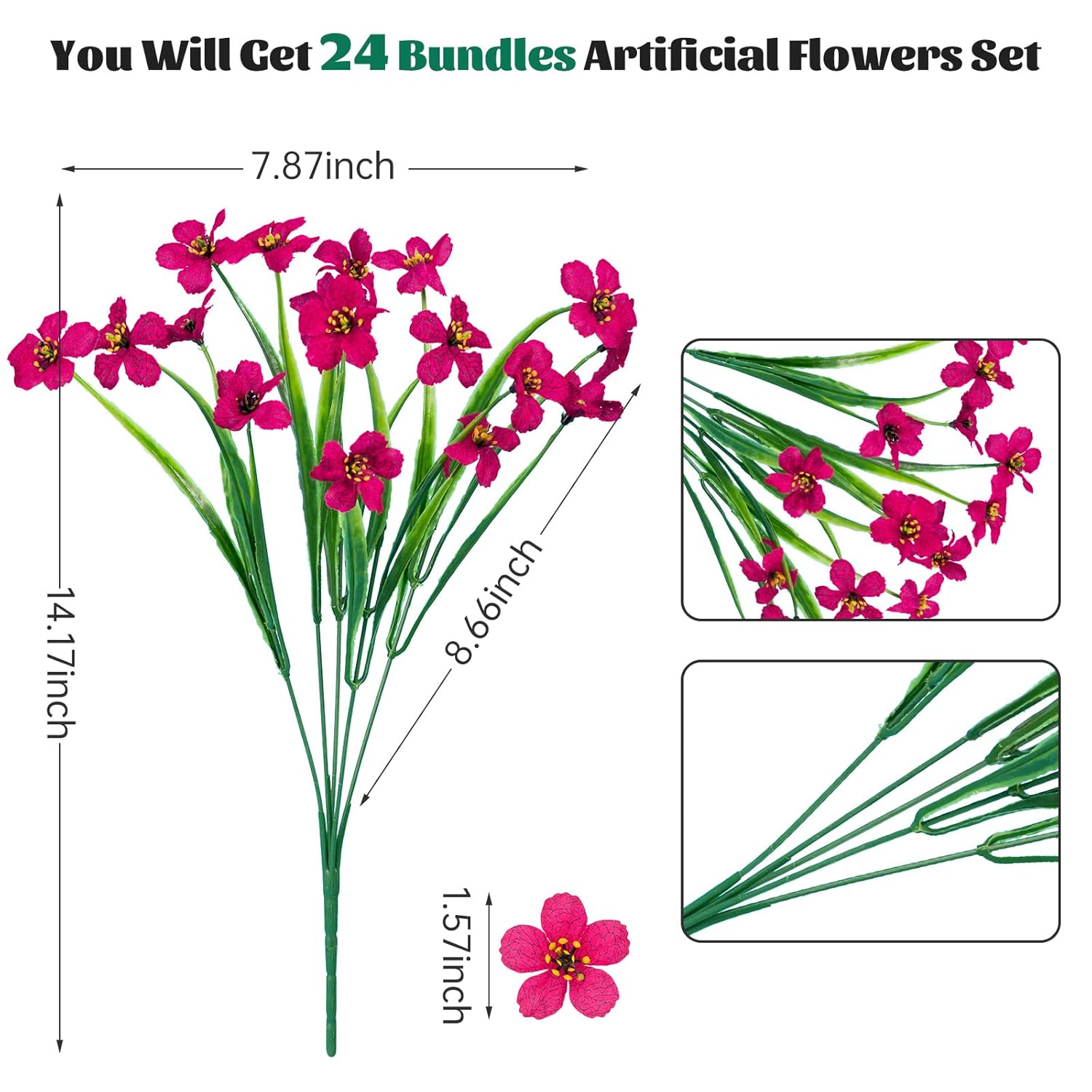 24 Pcs Artificial Flowers For Outdoor,Plastic Flowers Decoration, Uv Resistant Faux Flowers Shrubs, Artificial Plants For Indoor Outside Garden Home Wedding Farmhouse(Rose Red)