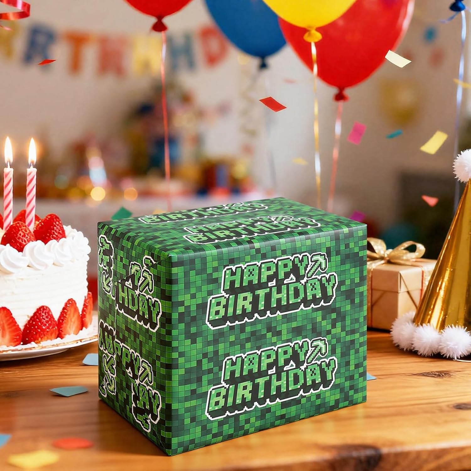 Birthday Wrapping Paper Boy Happy Gift Wrap Bag Party Decoration For Kids Gamer Thick Cute Pixel Style 17X29.5” 10 Sheets In A Roll Green