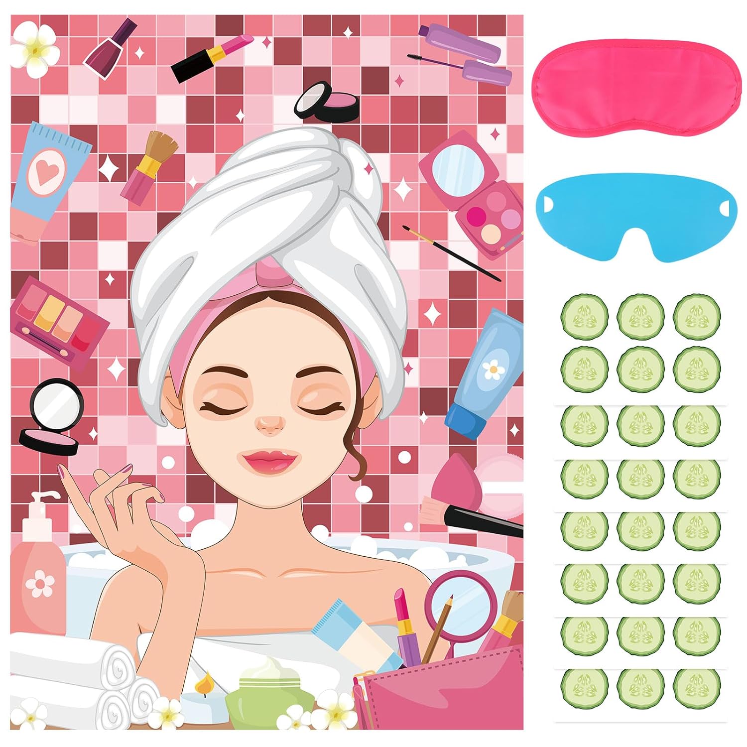 Spa Party Games Pin The Cucumbers On The Girl Spa Birthday Party Supplies For Kids Girls Women, Large Sleepover Slumber Pin The Games Poster With 42 Cucumber Stickers