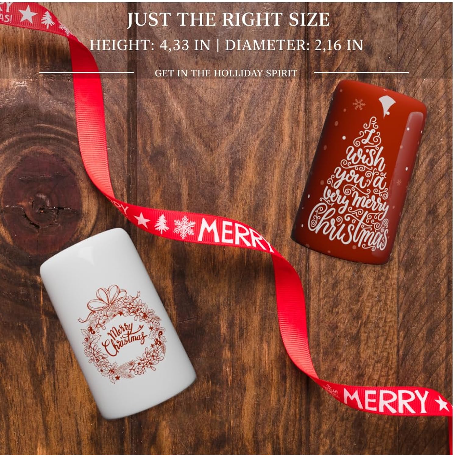 Salt And Pepper Shakers – Christmas Kitchen Decor – Holiday Table Shaker Set With Christmas Tree And Wreath Design – Large Festive Seasoning Shakers