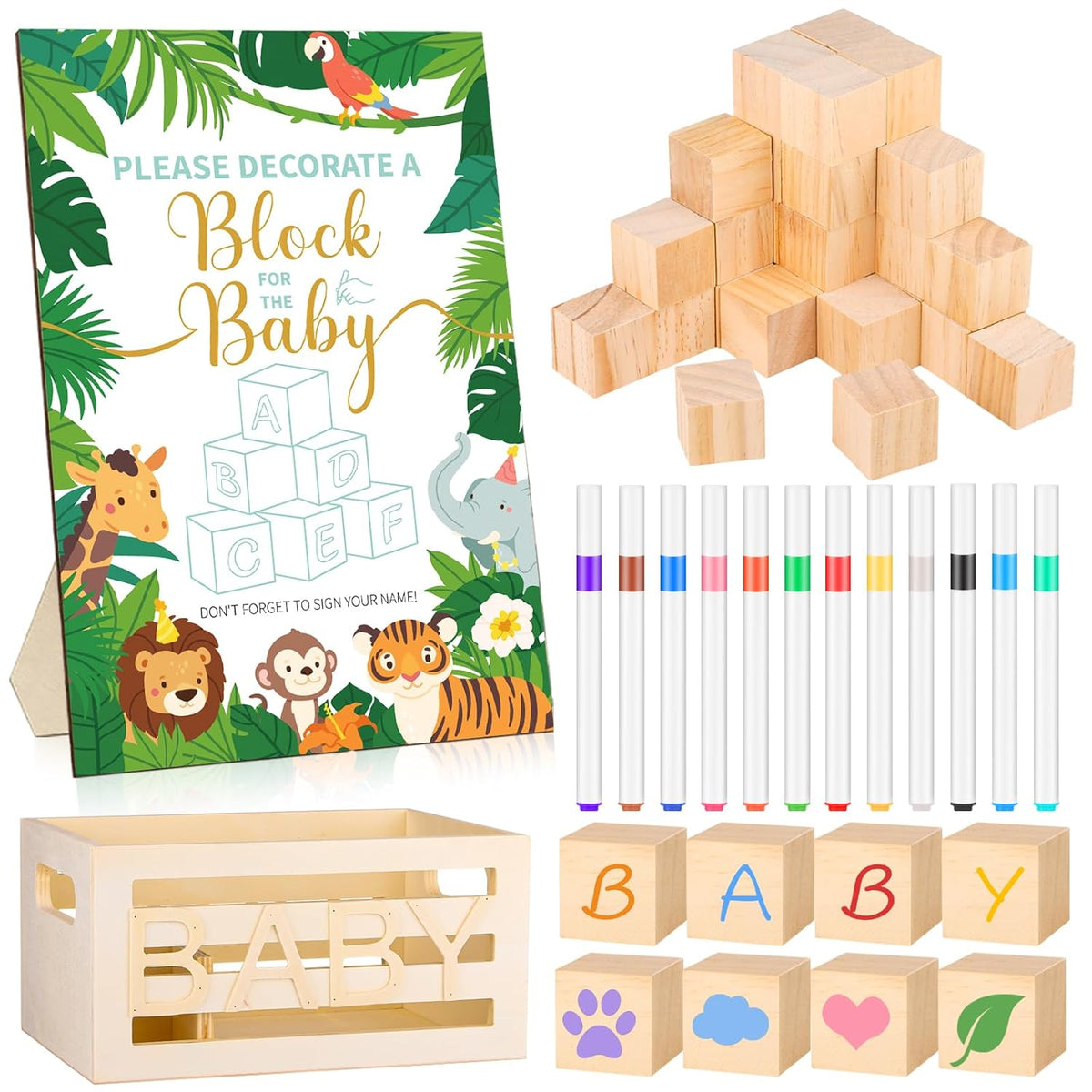 71 Pcs Baby Shower Games Blocks Include 57 Wooden Blank Blocks, 24 Marker, A Block Game Sign And A Blocks Box For Baby Shower Favors Games Prizes Boy And Girls Gender Reveal Party Game