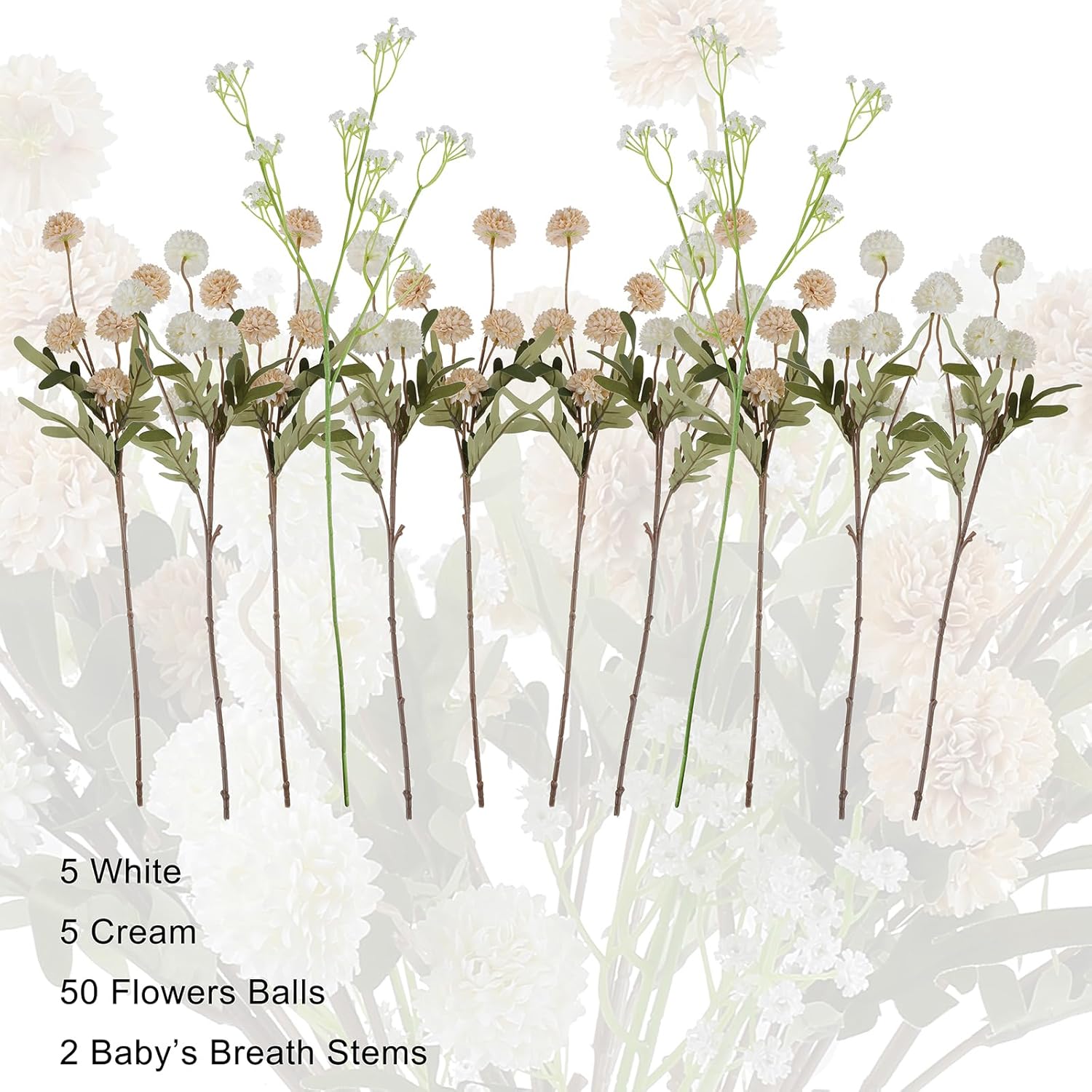 12 Pack Artificial Flowers Bulk - 5 White & 5 Cream Fake Mums With 2 Baby’S Breath Stems, Silk Chrysanthemum Pom Pom Floral Arrangements, Long Stem Faux Flowers For Vase, Wedding, Home Decor