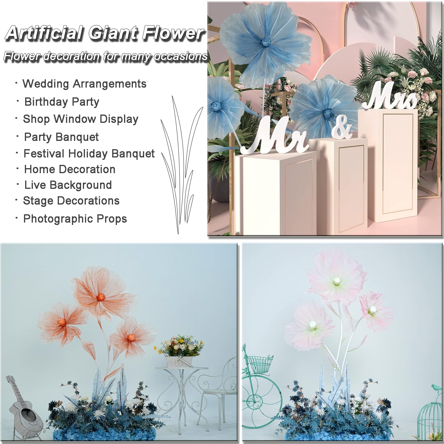 Giant Flowers For Decoration,Wedding Reception Essential Decoration,5.6 Ft Big Artificial Silk Flower With Stems And Stands,Party Banquet Background Decor?Home Decor?Orange Champagne?