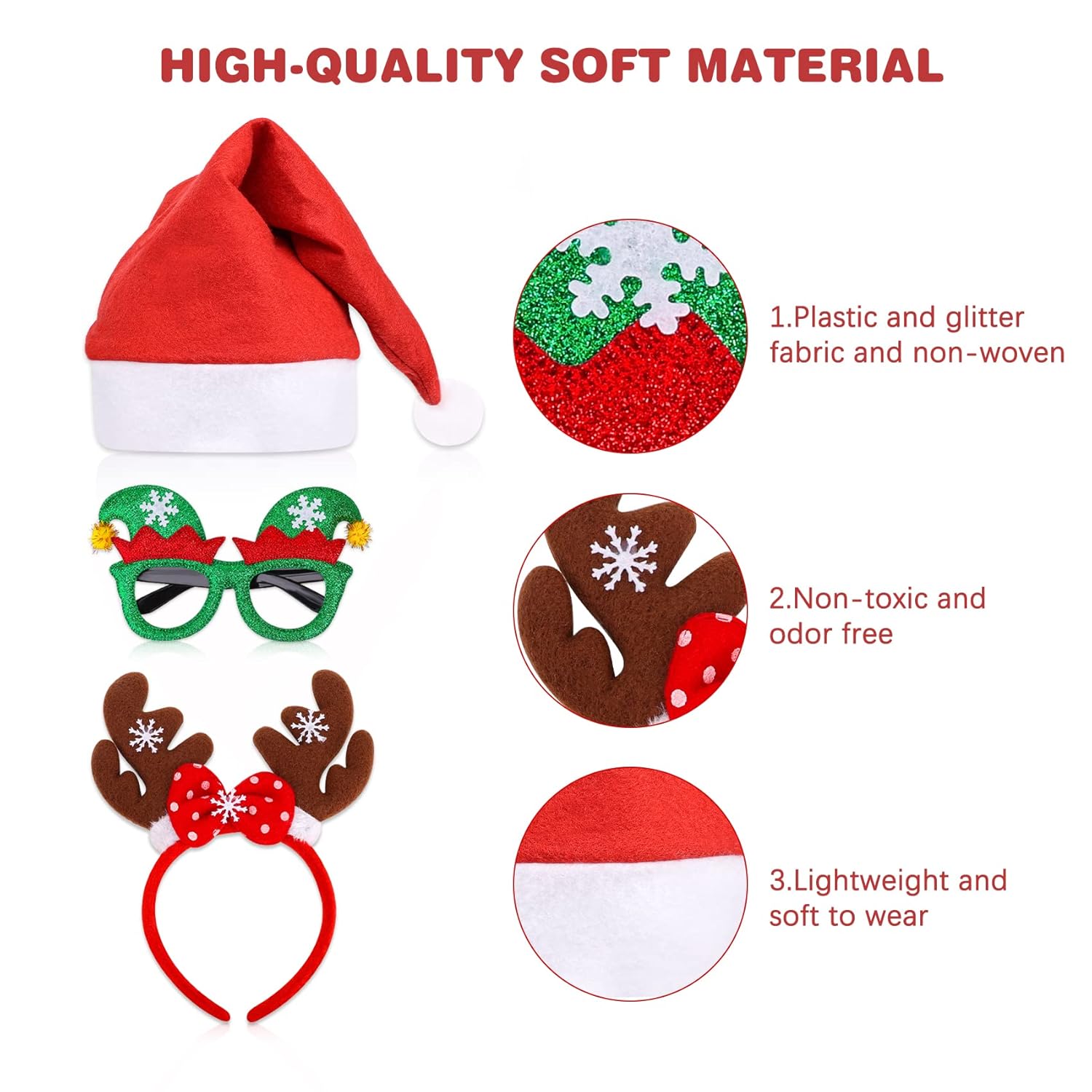 18 Pcs Christmas Glasses Glitter Headbands Hats Set, Hair Hoop Eyewear Eyeglasses Frame Santa Hat Photo Props For Christmas Party Favors Holiday Photos Booth
