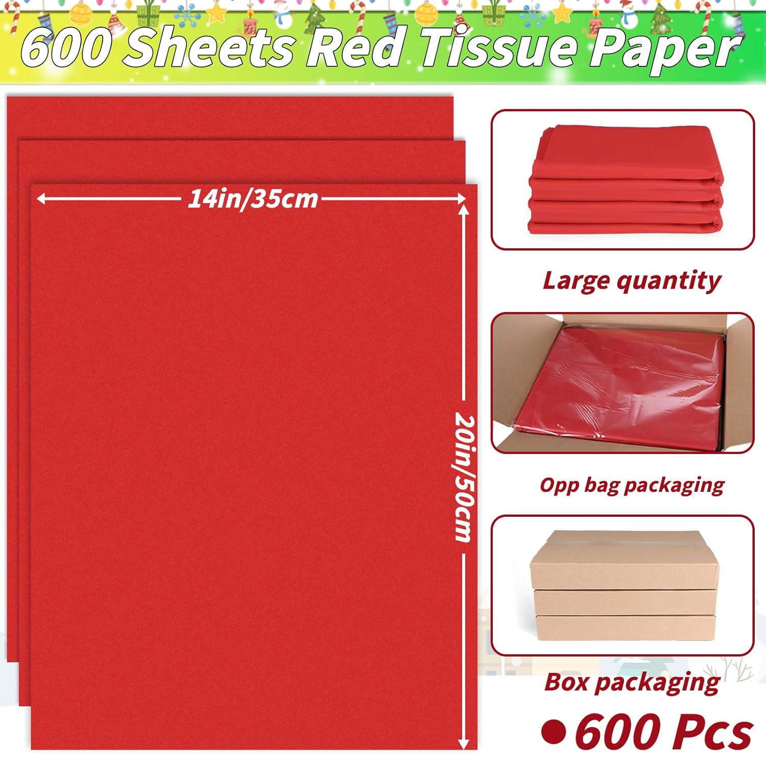 600 Sheets Red Wrapping Tissue Paper,14X20 Inch Bulk Tissue Paper Bulk Xmas Gift Wrapping Papers For Diy Arts Crafts Shredded Filler Weddings Birthday Christmas